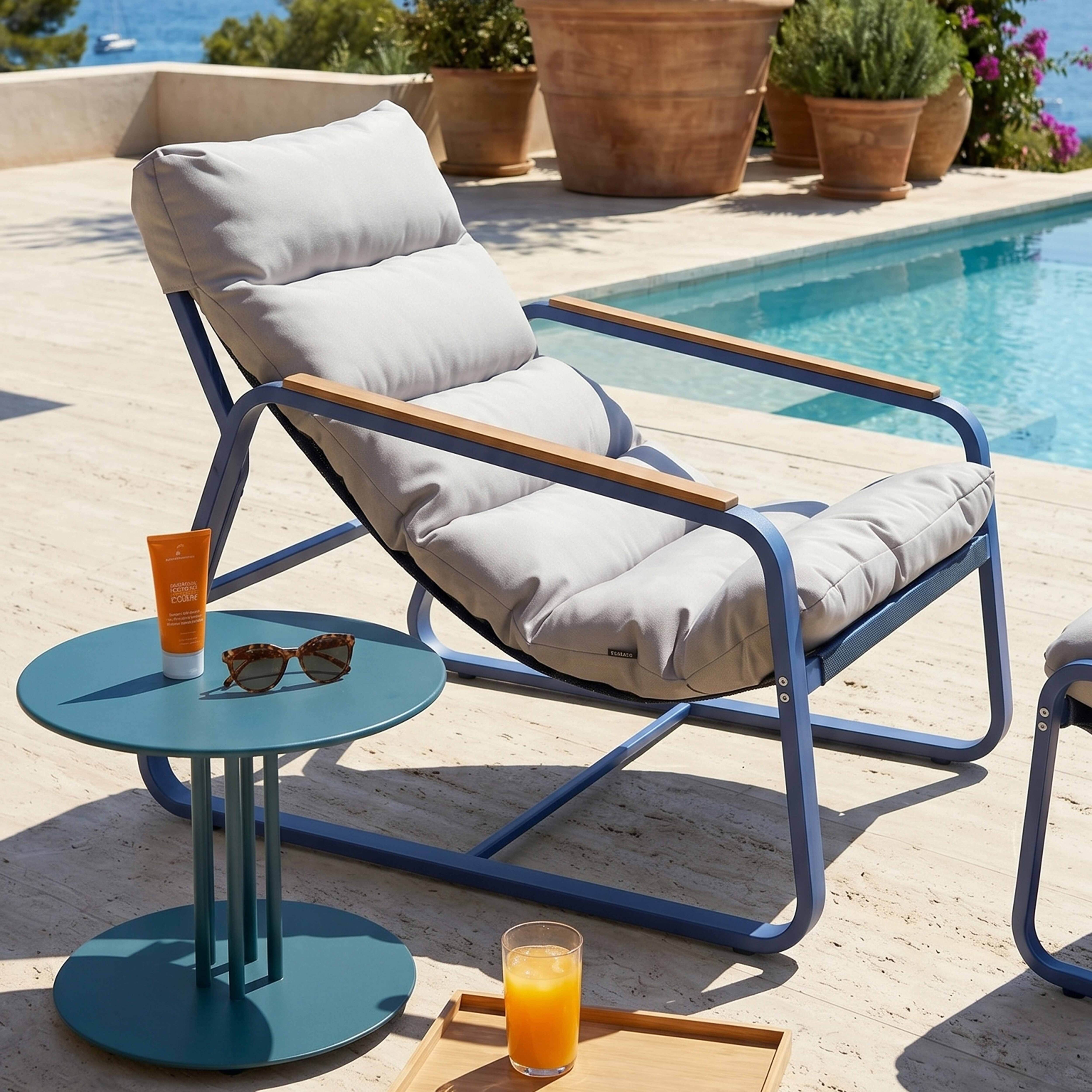 Fauteuil relax en acier et textilène avec repose-pieds bleu pacific - 2