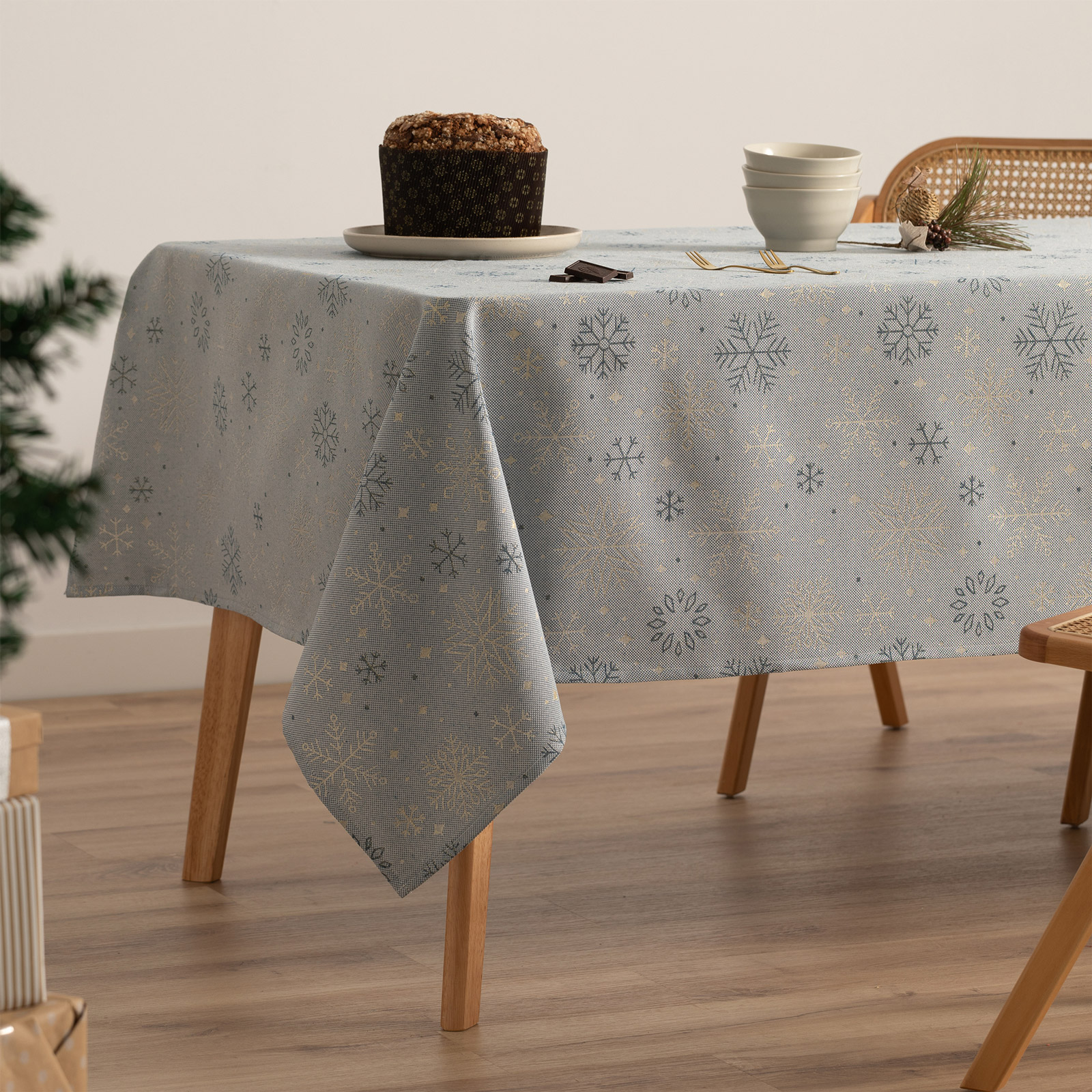 Mantel navidad algodón rectangular jacquard snowflake azul y oro 140x100 cm - sparkle
