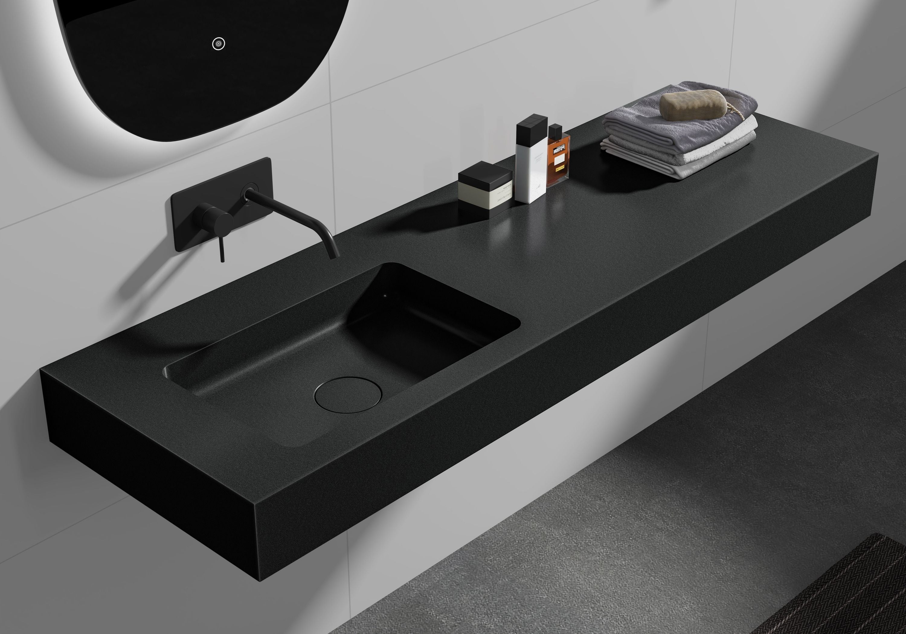 Bernstein - lavabo mural de fundición mineral con desagüe - 111x45x12cm - ba8014 - sin consola, cuarzo negro