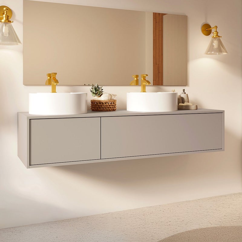 Szafka łazienkowa wisząca w kolorze beżowym z podwójną okrągłą umywalką - L150 cm - ISAURE II