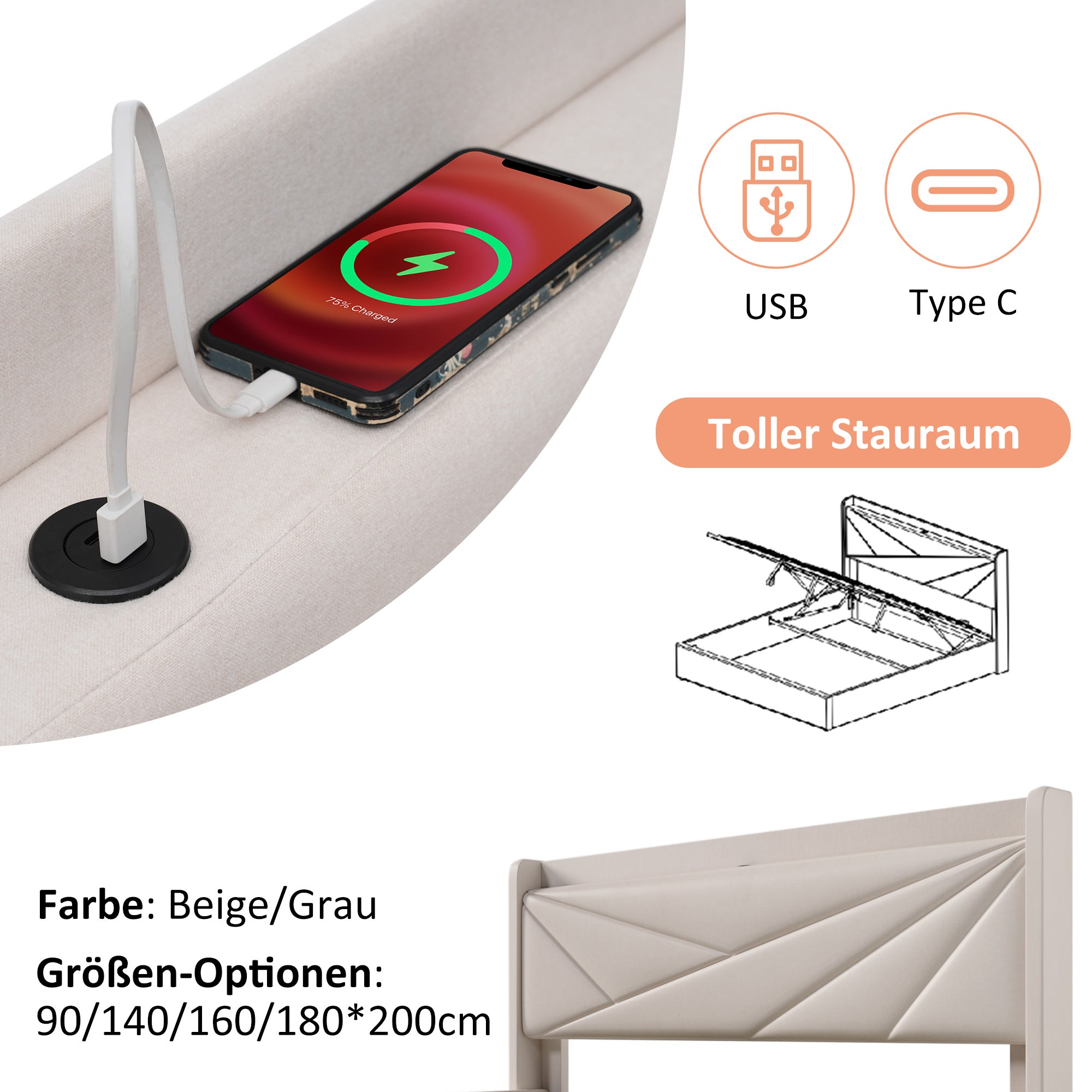 Lit rembourré lit double coffre de rangement avec fonction de charge USB Type C tête de lit, lits de rangement cadre de lit en lin lit jeune 160x200 - 4