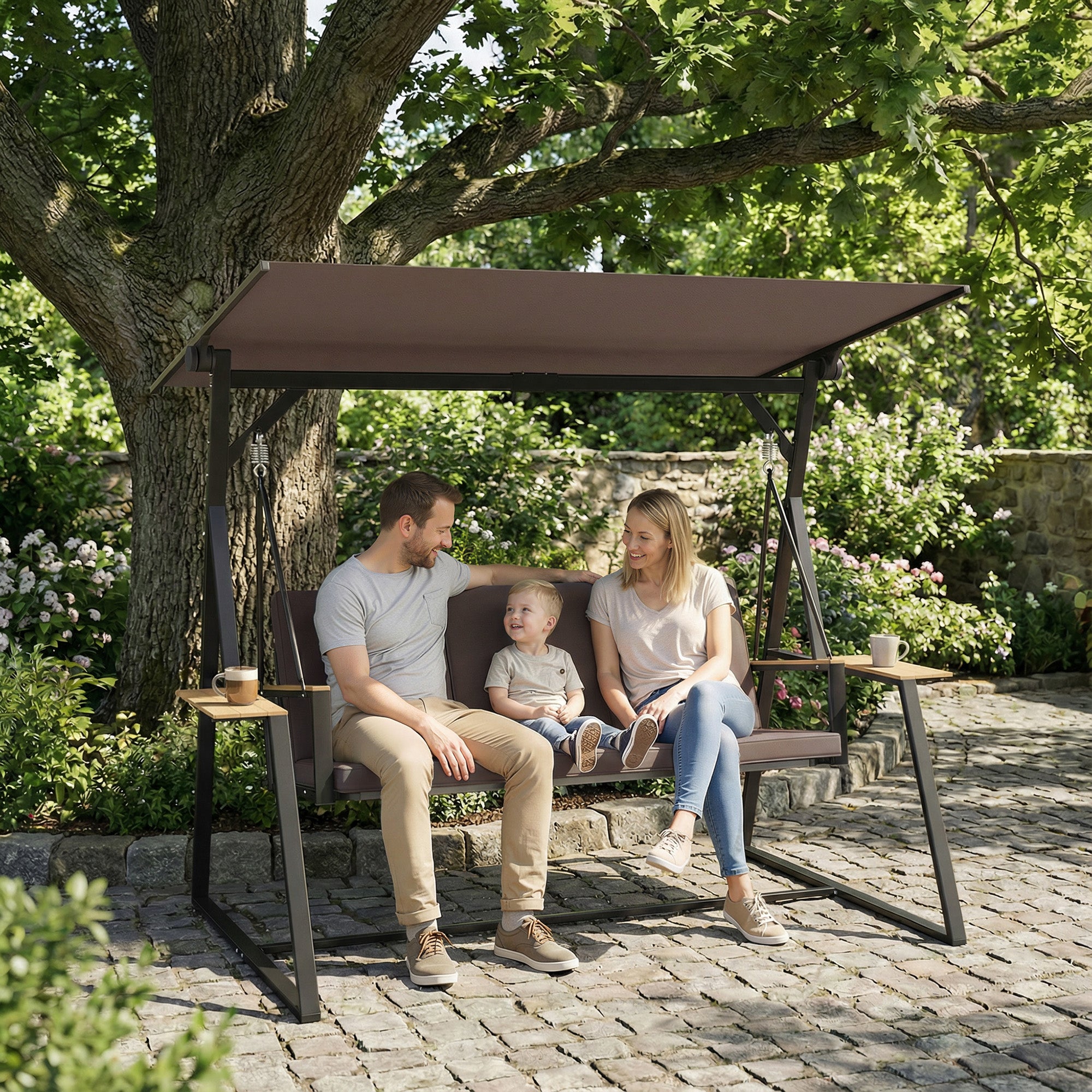 Balancelle de jardin 3 places en métal avec auvent réglable, coussins rembourrés, 360 kg, 222x131x175 cm, marron - 4