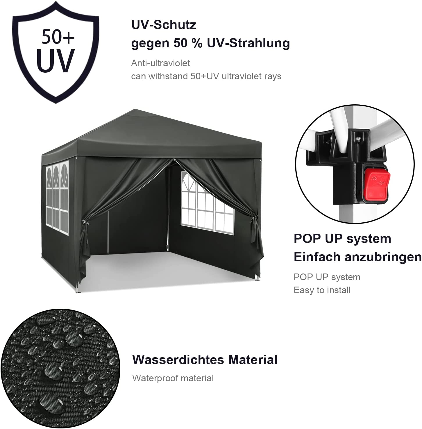 Tonnelle de Jardin. Auvent Pliable Imperméable. Protection du Soleil UV 50+. Hauteur Réglable 3x3m. Gris. WOLTU - 5