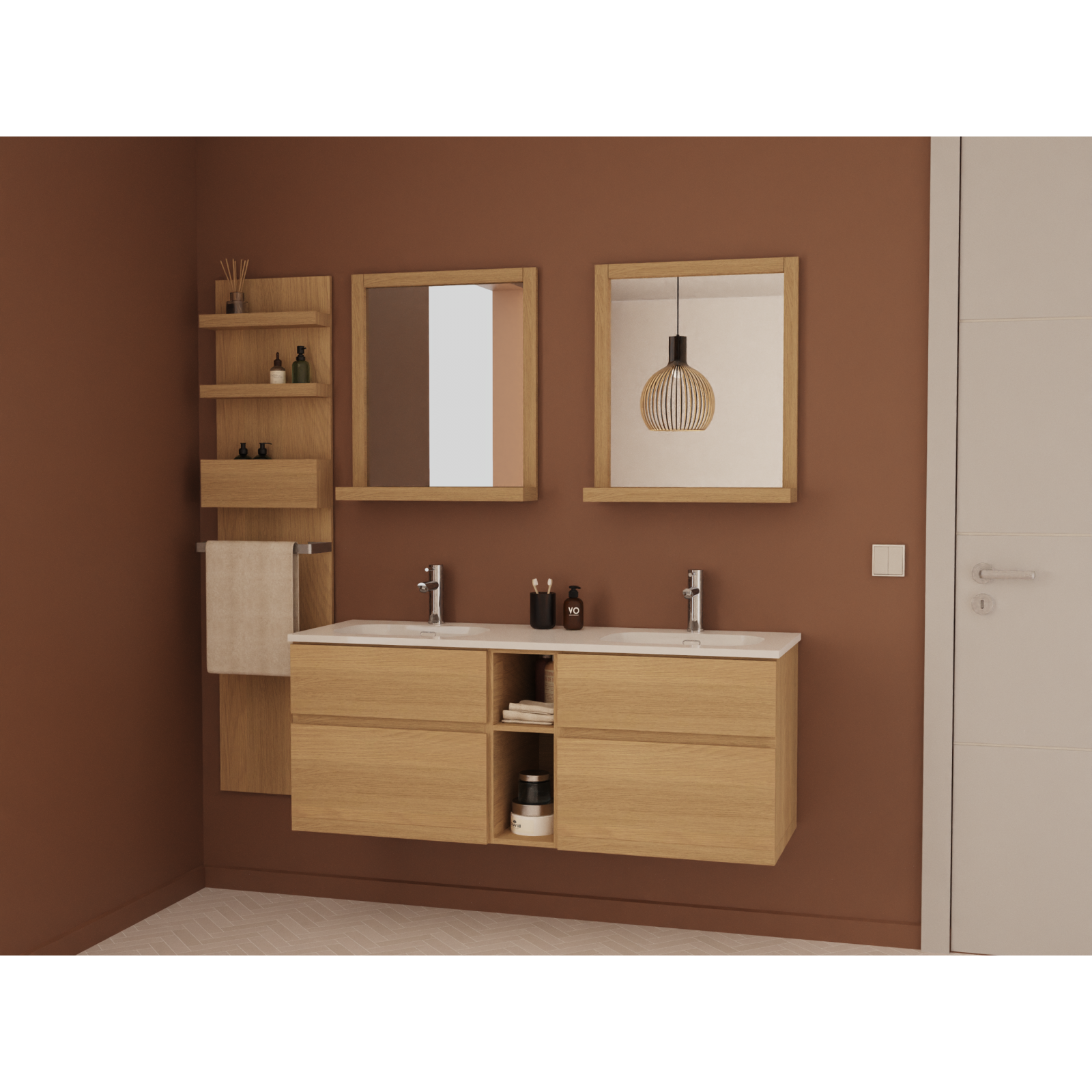 Meuble sous vasque chêne avec plan résine ENIO 140cm + miroir + colonne ...