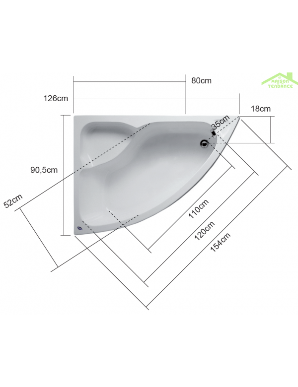 Baignoire d'angle en acrylique lucite KONCHILI 125x90x33 cm-Avec tablier-Gauche-90-125-90 - 4