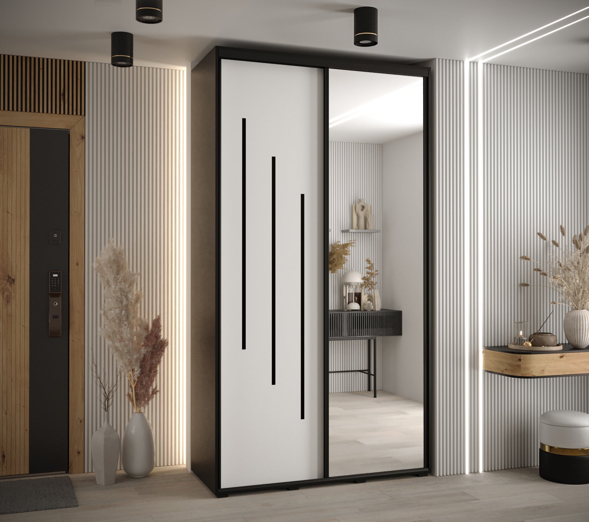 Szafa przesuwna z lustrem wysoka Davos 9 130 x 60 x 235,2 cm czarny + biały + u. czarny - Abiks Meble - 2
