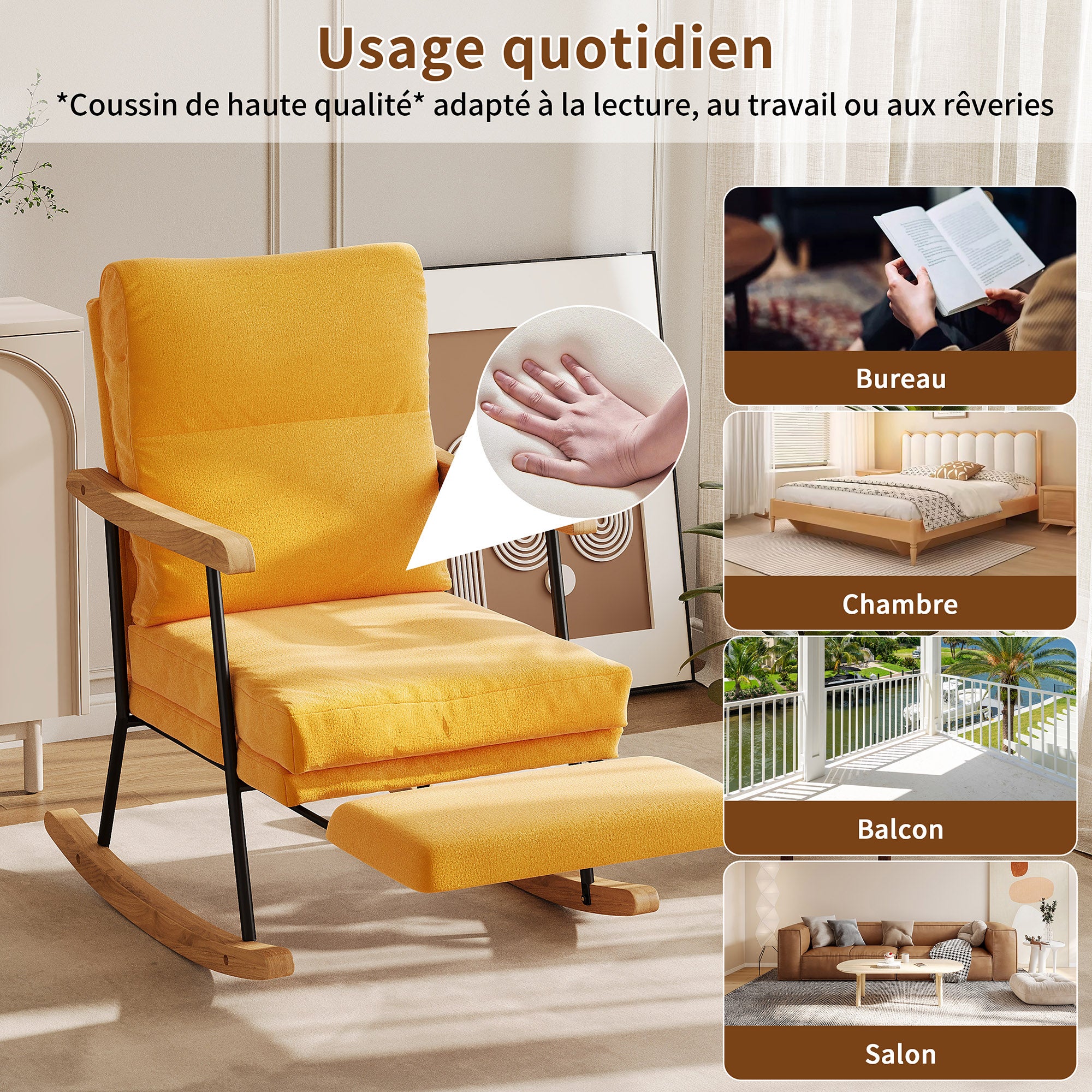 Fauteuil à Bascule, COZY, Symbiose entre Design Naturel et Confort Ergonomique, Fauteuil à bascule avec repose-pieds, Lin Jaune - 3