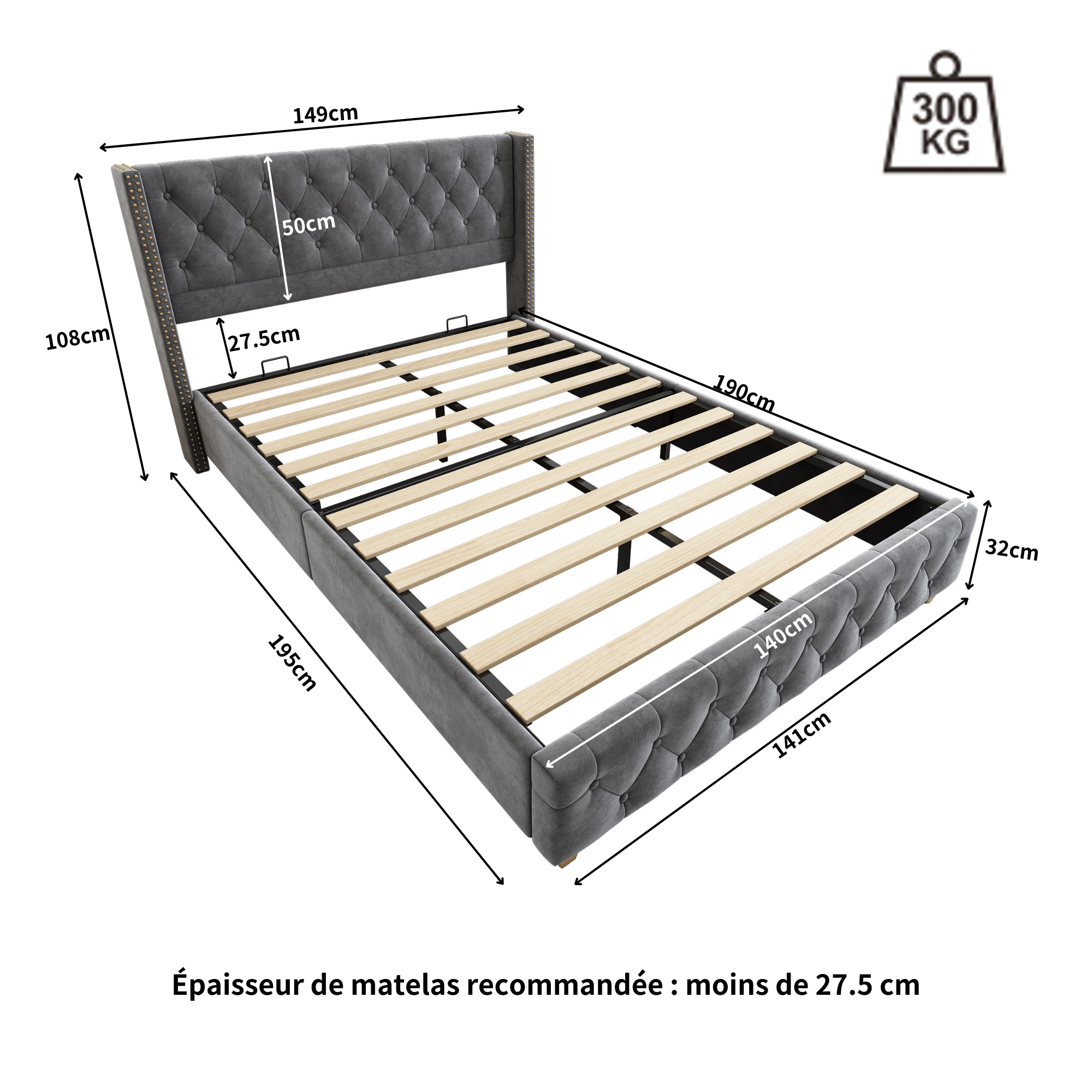 Lit Double 140x190 cm - Lit Classique Gris en Velours avec 12 Lattes - Sans Matelas, 2 Paquets - 4
