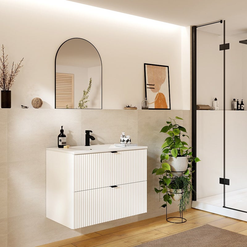 Szafka łazienkowa wisząca ryflowana z umywalką wpuszczaną w blat - Biały - szer. 80 cm - ZEVINI