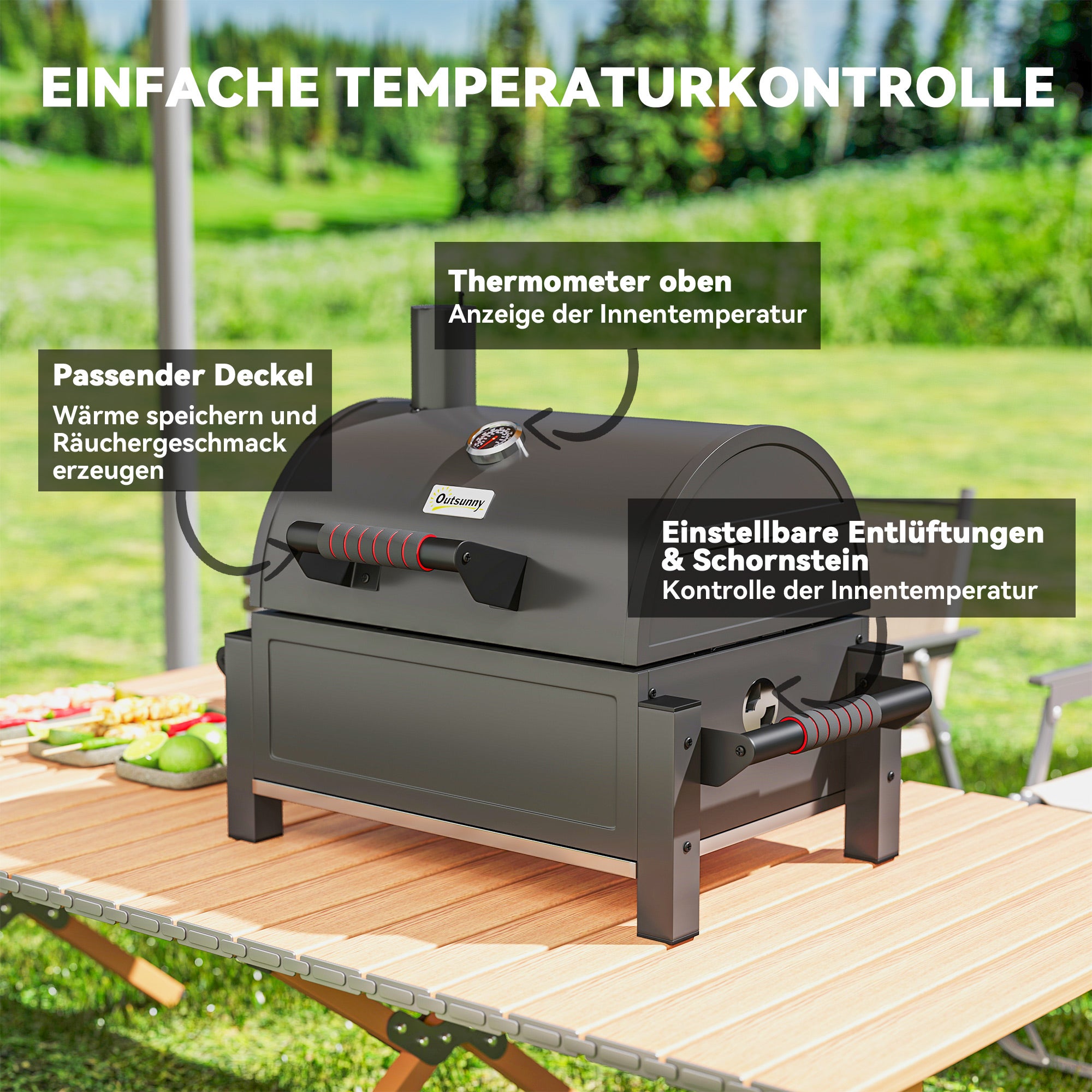 Barbecue charbon de bois avec couvercle, grille de maintien au chaud, bac à cendres, thermomètre, inoxydable, 67 x 53 x 55 cm, noir/rouge - 7