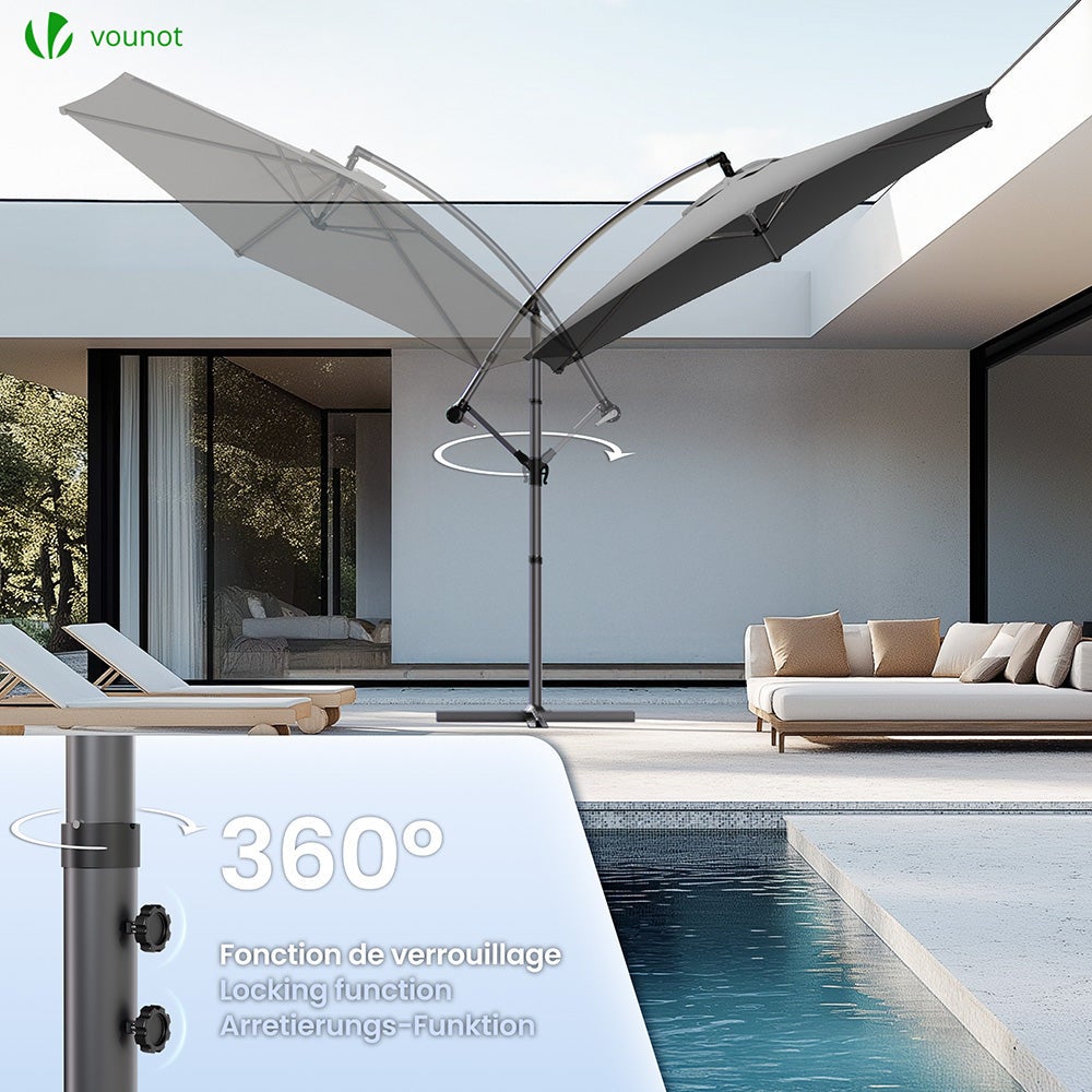 Parasol déporté inclinable 3M avec sangle de fixation et housse de protection Gris - Inclinaison réglable - Rotatif 360° - VOUNOT® - 4