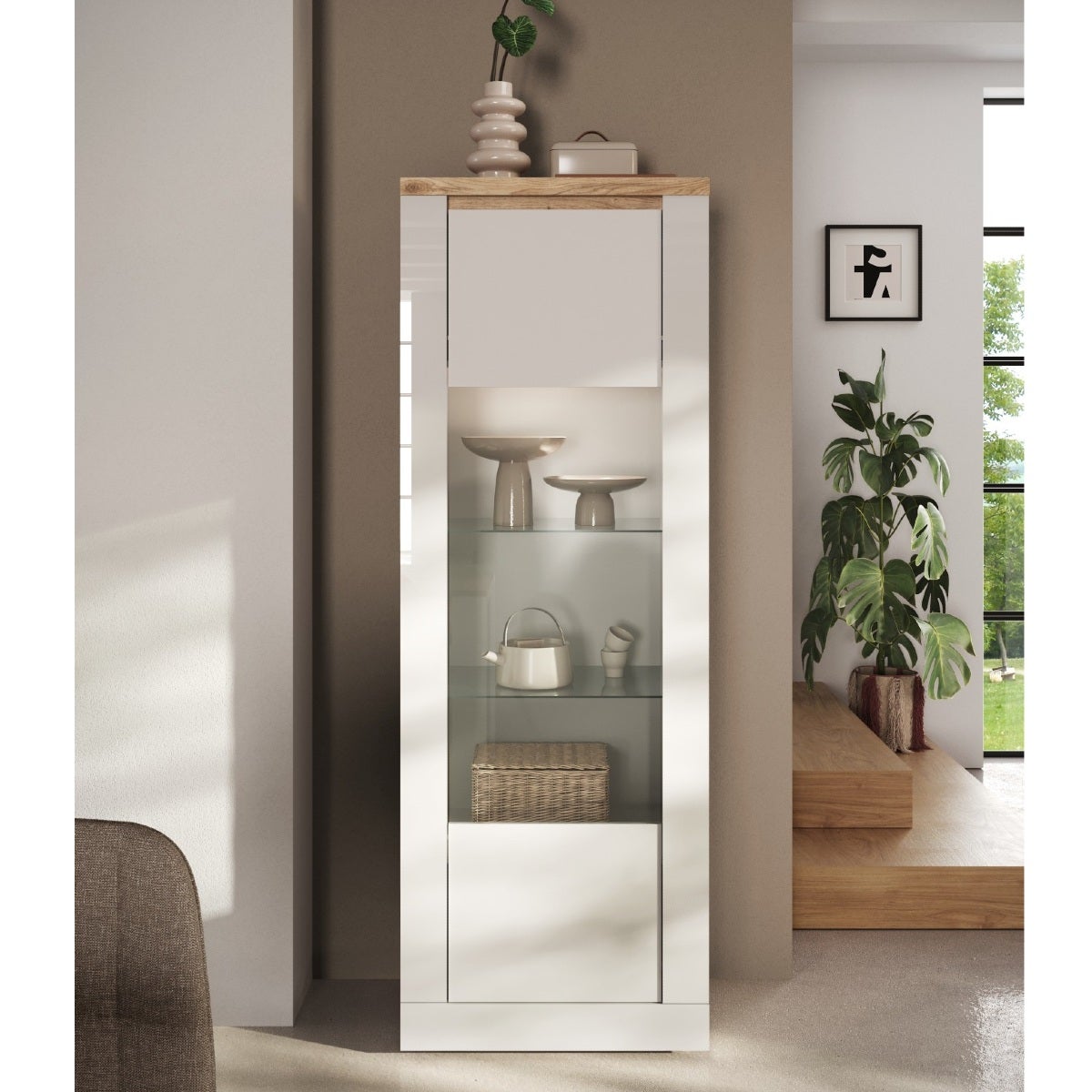 Vitrine moderne 1 porte laqué blanc et bois + led ARIA - 3