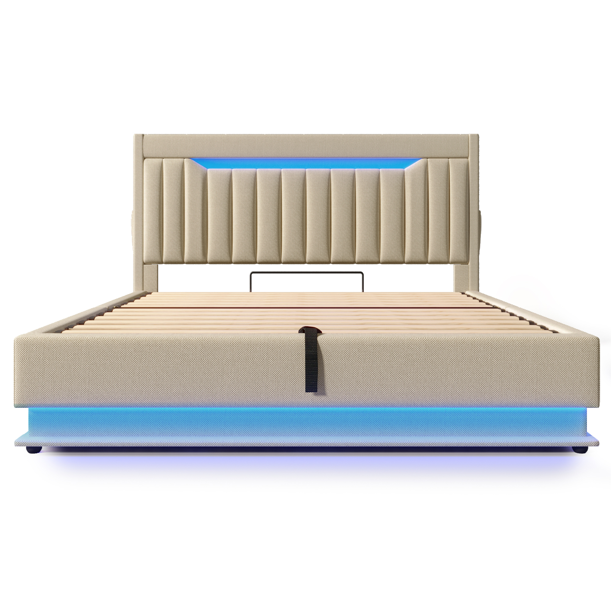 Cama con almacenamiento adulto 140x200 cm, cama doble con USB, Type-C, LED y almacenamiento, en lino, beige - 6