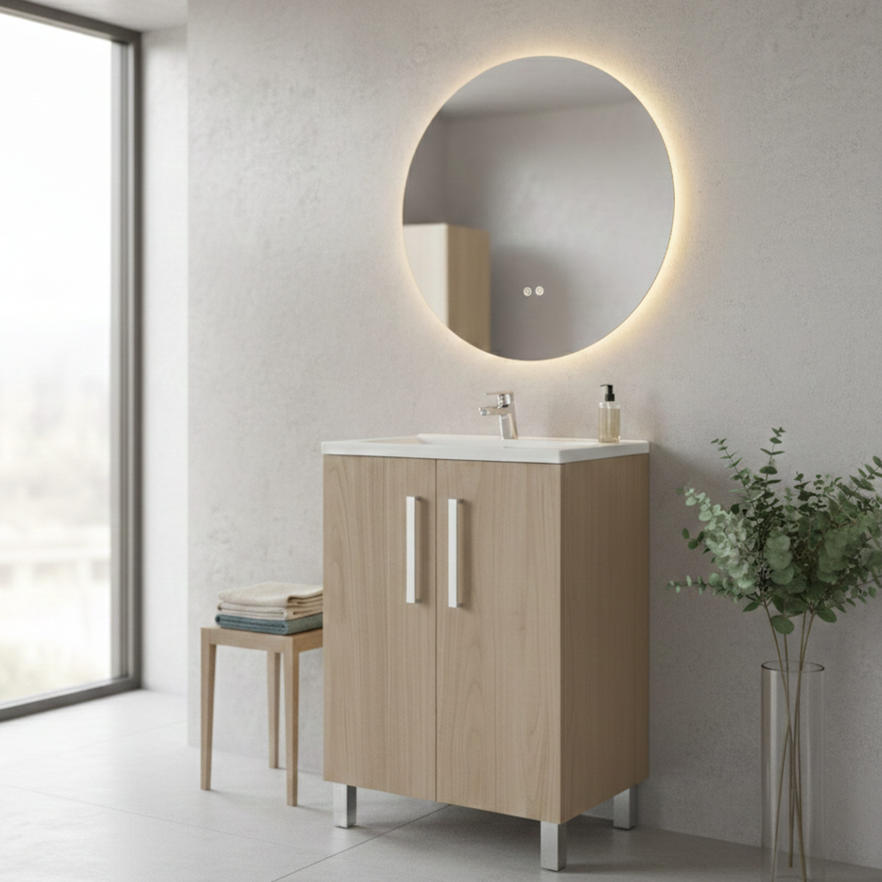 Szafka łazienkowa TEMPO 60x45 cm, umywalka ceramiczna, bateria ROCA i okrągłe lustro LED