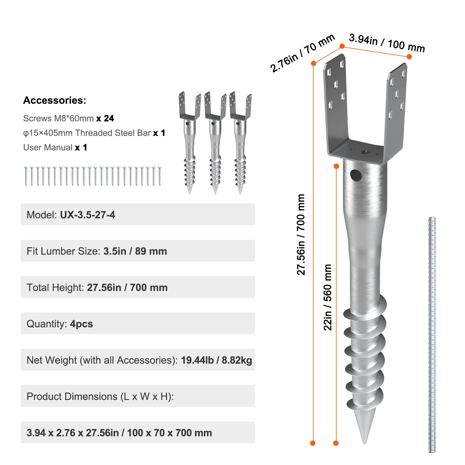 Lot 4 ancrages au sol sans fouille SucceBuy 10,9 x 7,5 x 70,5 cm, comprend 6 tire-fonds et barres d'armature, support en acier en forme U pour boîte - 9