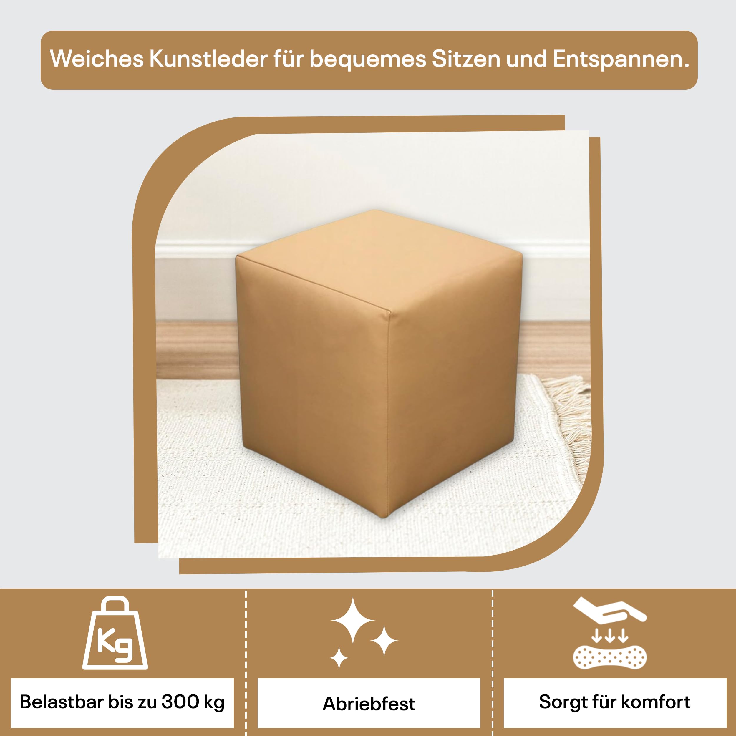 Sitzwürfel / Siège Pouf - Beige, 40X40X40 Cm, Assise Rembourrée En Simili Cuir, Confortable Pour Salon, Chambre Ou Bureau - 5