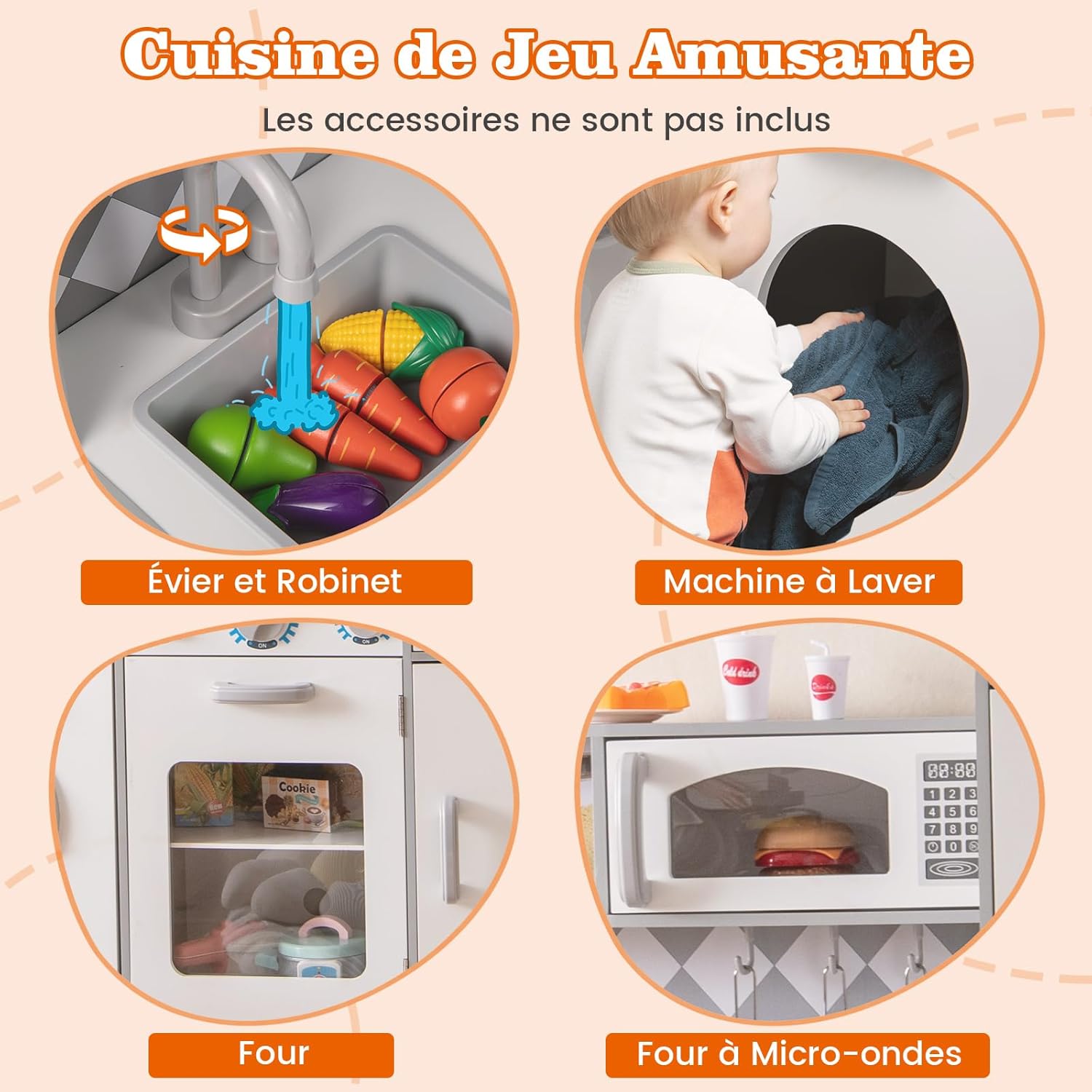 Cucina Giocattolo per Bambini, Cucina per Bambini in Legno con Forno, Microonde, Macchina del Ghiaccio, Lavatrice, Lavello e Rubinetto, Con Su - 4