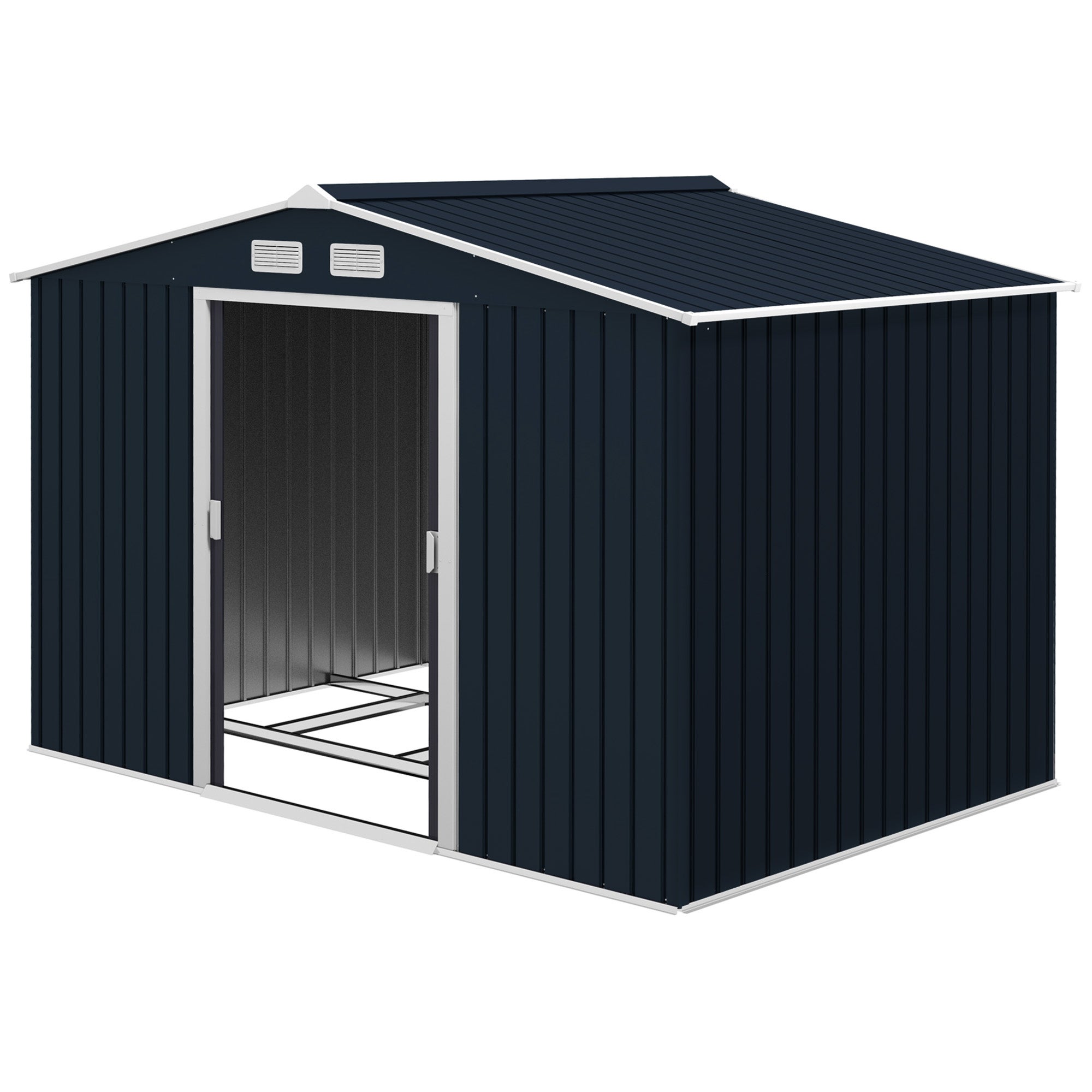 Abri jardin 4,9 m² fondation 4 bouches aération 2 portes coulissantes tôle acier outils, 277x195x192 cm, gris foncé - 2