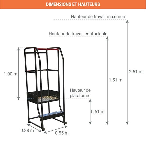 Escabeau 2 marches pour rayonnage - Hauteur de travail max. 2.51m - 830008727 - 2