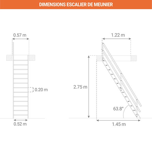 Escalier bois 13 marches - Hauteur à franchir 2.75m - Rampe à droite - Largeur 0,53m - COTTAGE-P-275-MCD - 2