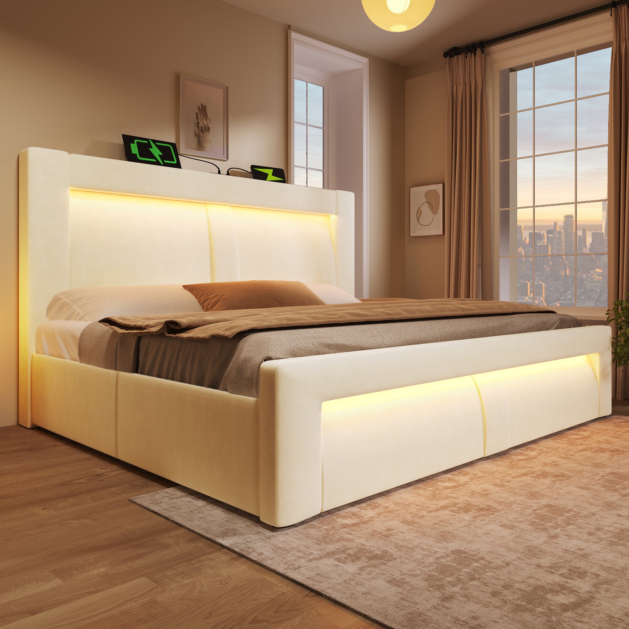 Łóżko z pojemnikiem 180 x 200 cm i zagłówkiem – aksamitne – porty USB i typu C + diody LED – dla dzieci – beżowe - 7