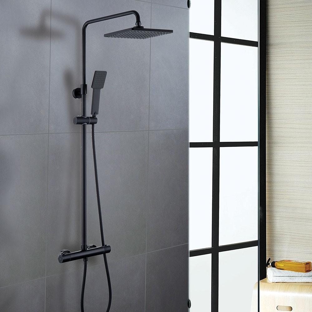 Kibath Columna de Ducha quad termostático | Altura regulable 83-120 cm |negro mate | Diseño redondo con rociador efecto lluvia y alcachofa - 2