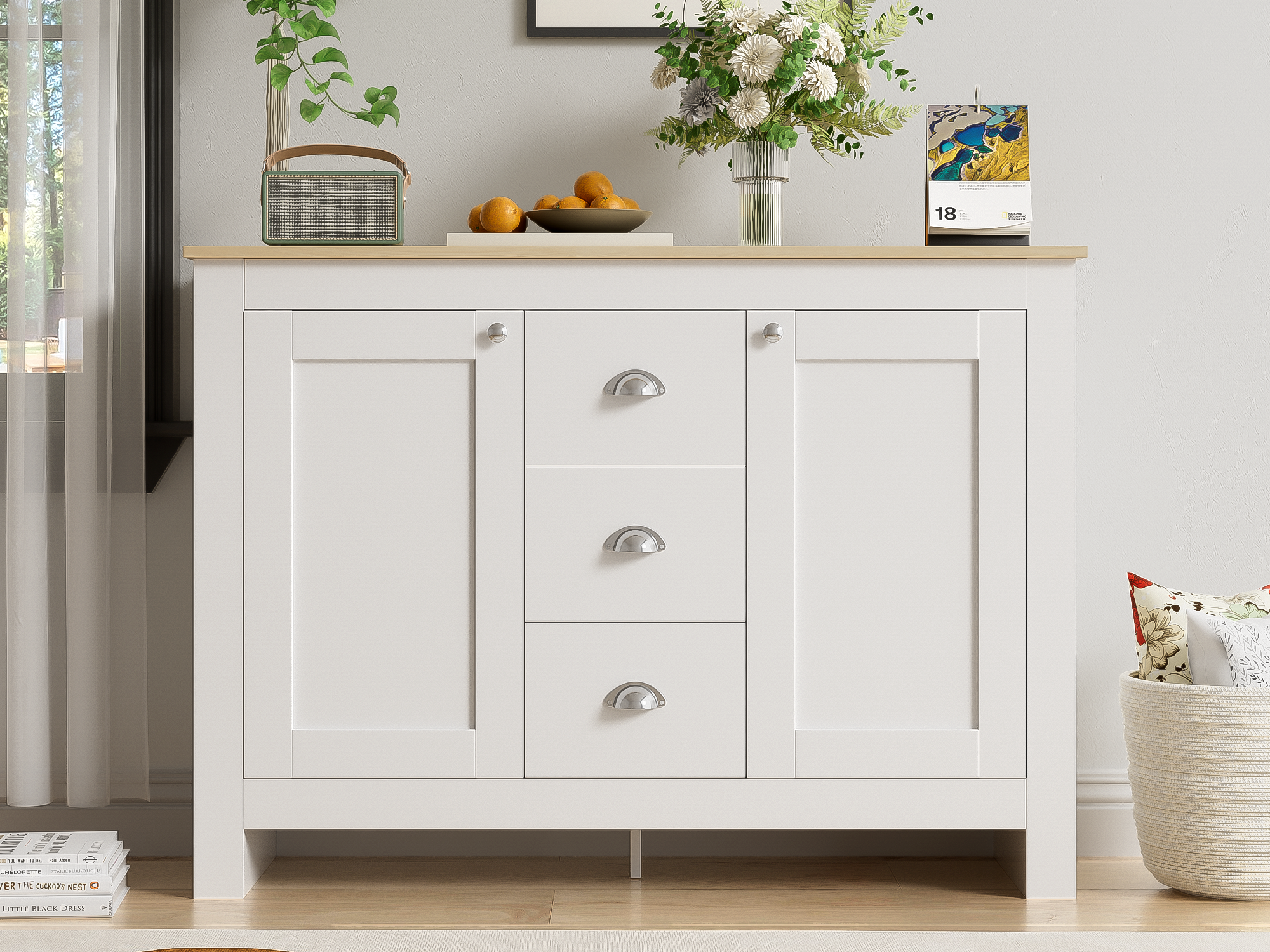 Buffet, Meuble De Rangement En Bois Avec 4 Tiroirs Et 2 Portes Blanc