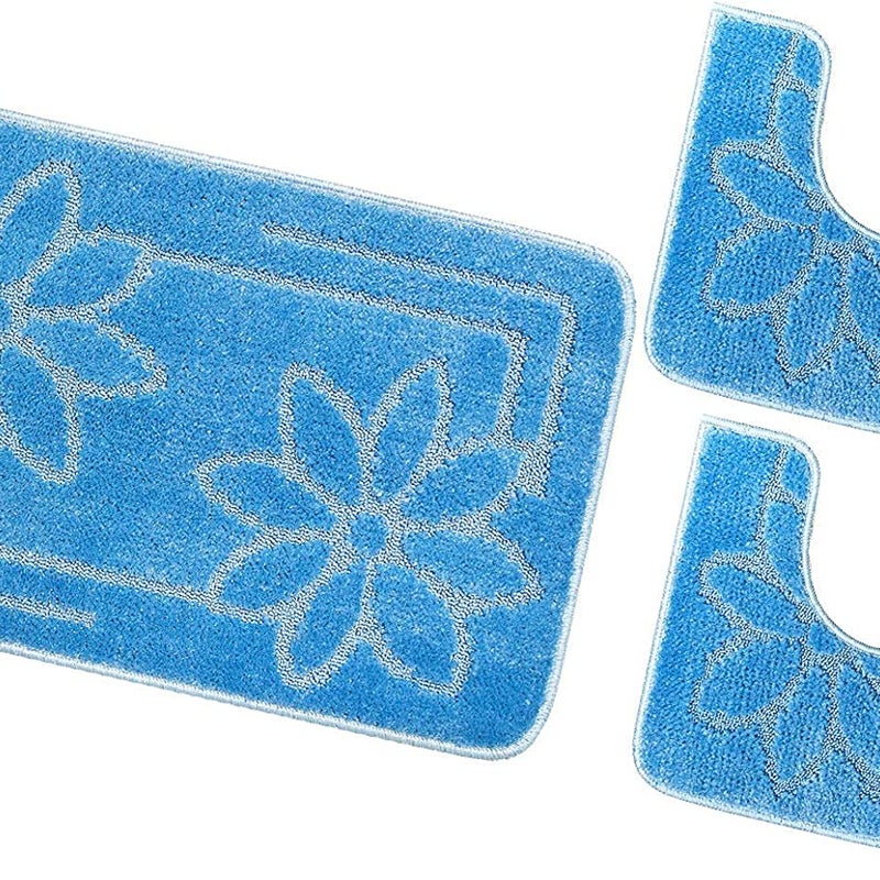 Zestaw 3 dywaników łazienkowych Antypoślizgowy Absorbent Stokrotki Jednolity Kolor Błękitny