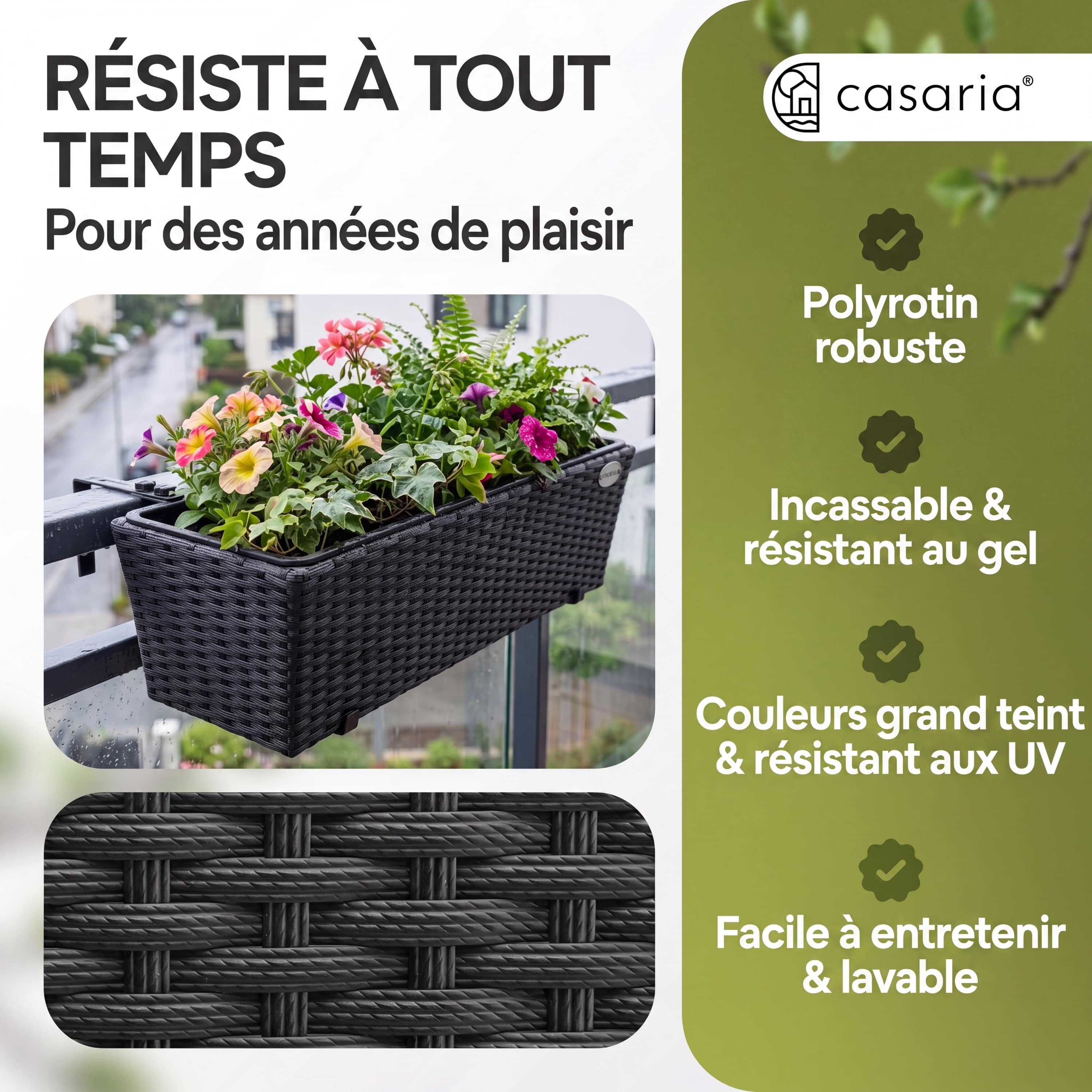 CASARIA Lot de 4x Bacs à fleurs en Polyrotin Crème - Rambarde, Balconnière - 6