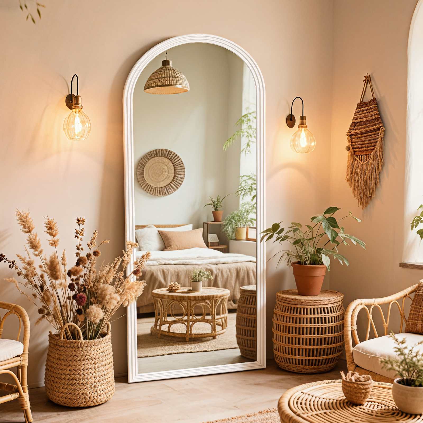 Lustro stojące, łukowe, rama drewniana, lustro do sypialni 160*50cm ze stojakiem, białe