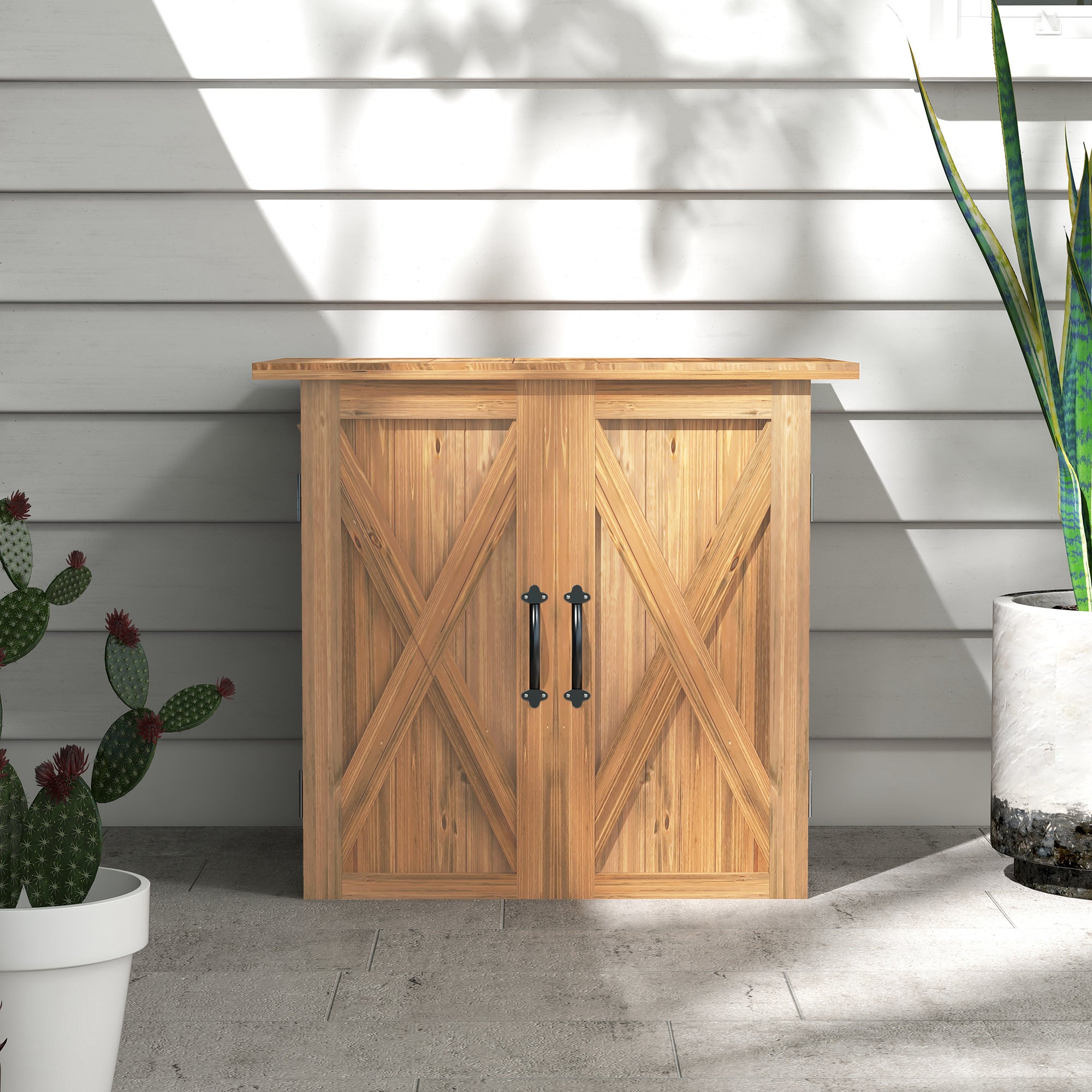 Outsunny Casetta da Giardino in Legno a 2 Ante con Maniglie in Stile Country, 77x55x72 cm, Marrone - 7