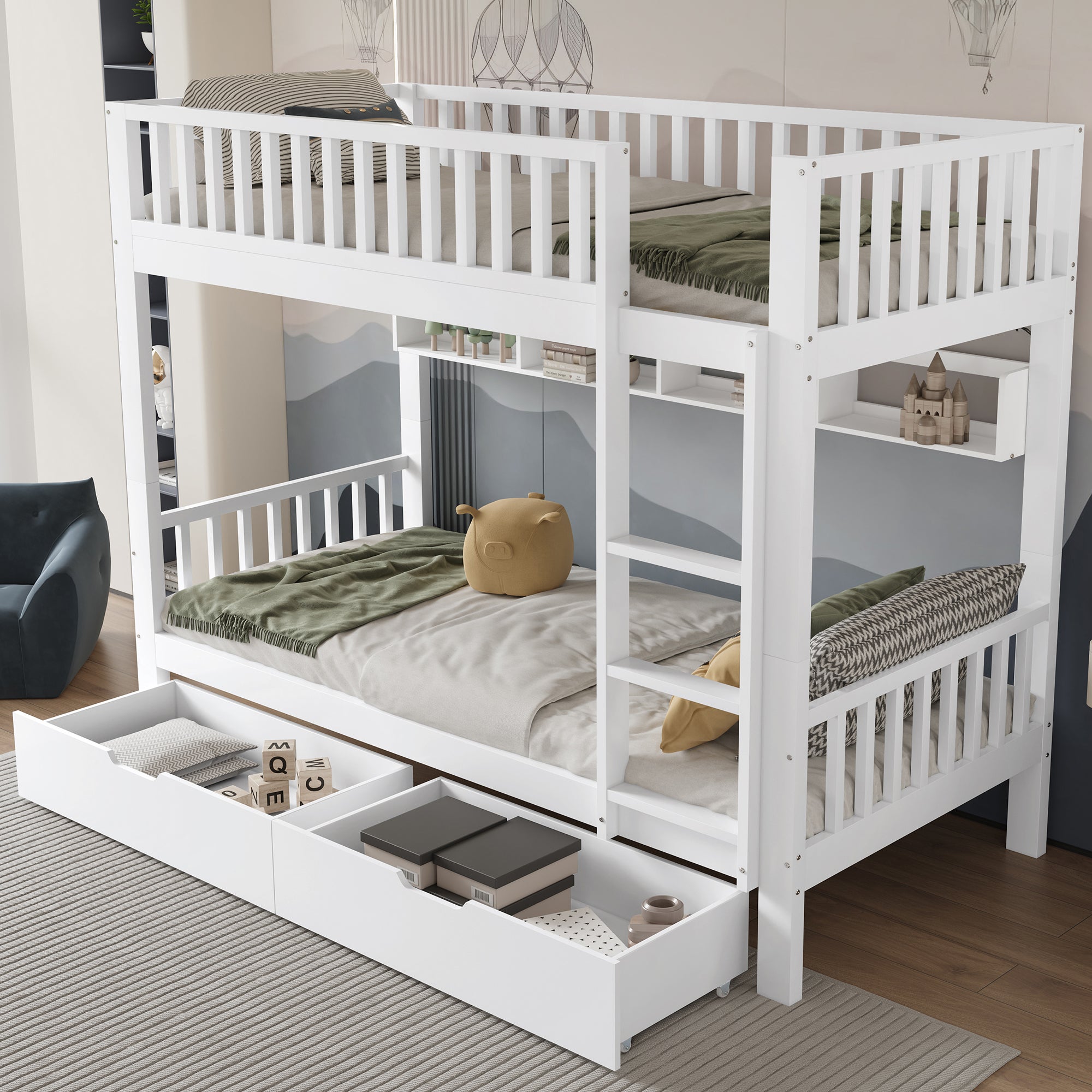 Lit superposés séparables 2 x 90 x 200 cm avec 2 tiroirs et étagères - Pin et MDF - Blanc (sans matelas) - 2