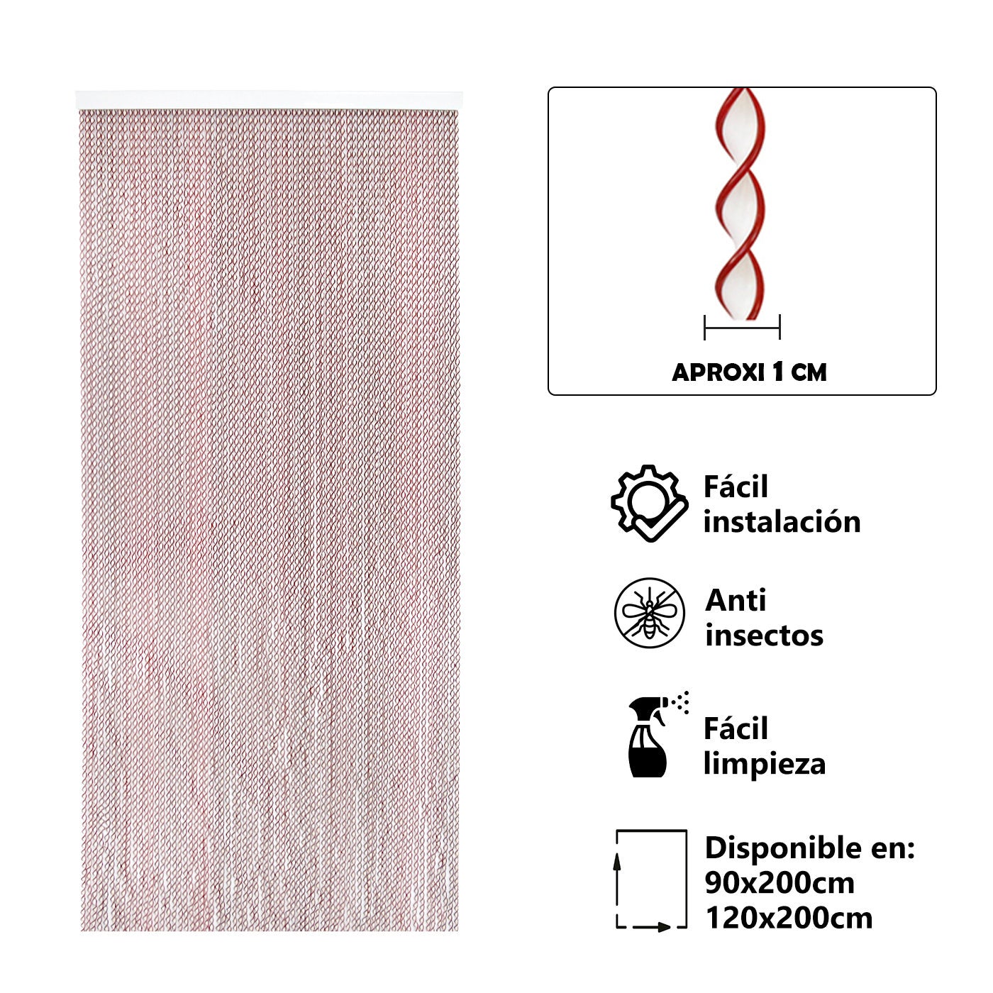 Aitsse- cortina espiral de pvc para puerta exterior o interior(200x120cm, blanco+filo granate r6)