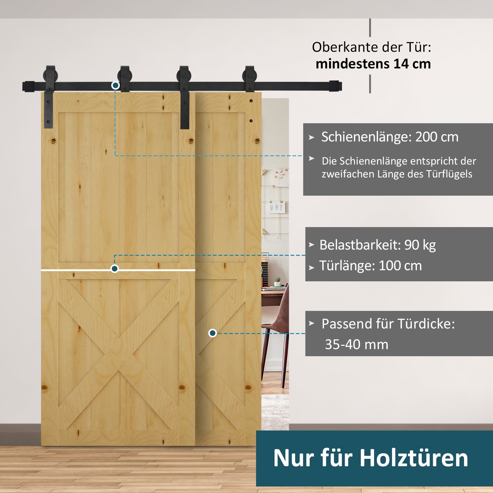 Système de porte coulissante pour portes coulissantes en bois, rail avec 9 accessoires, acier au carbone, noir - 5
