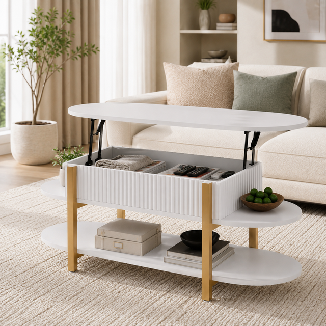 Table Basse Relevable Multifonction 106 x 50 x 45 cm, Table Salon avec Compartiment Caché et Étagères, Table à Manger Bureau pour Salon, Blanc