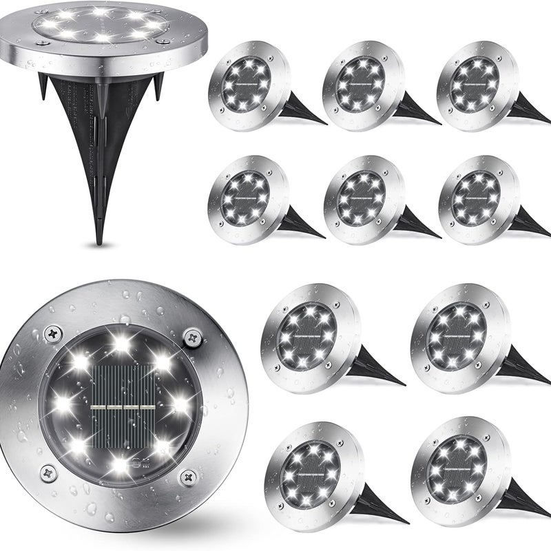 Zestaw 12 białych lamp solarnych do ogrodu, 8 diod LED 6000K, wodoodporność IP65, odpowiednie do ścieżek, trawników, tarasów, ogrodów i basenów