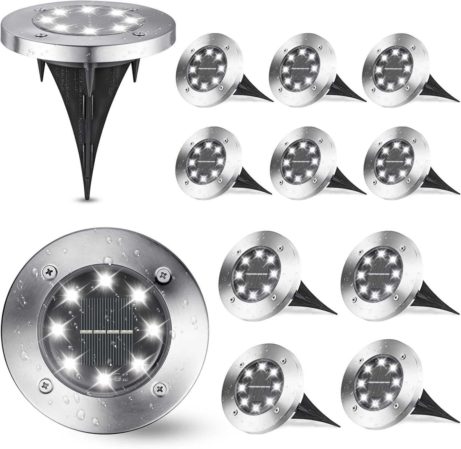Zestaw 12 białych lamp solarnych do ogrodu, 8 diod LED 6000K, wodoodporność IP65, odpowiednie do ścieżek, trawników, tarasów, ogrodów i basenów