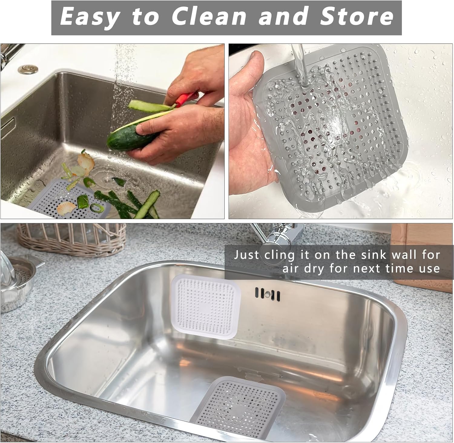 Dois tapetes de silicone para lava-loiça com ventosas e proteção para filtro, adequados para casas de banho e cozinhas (branco + cinzento). - 5