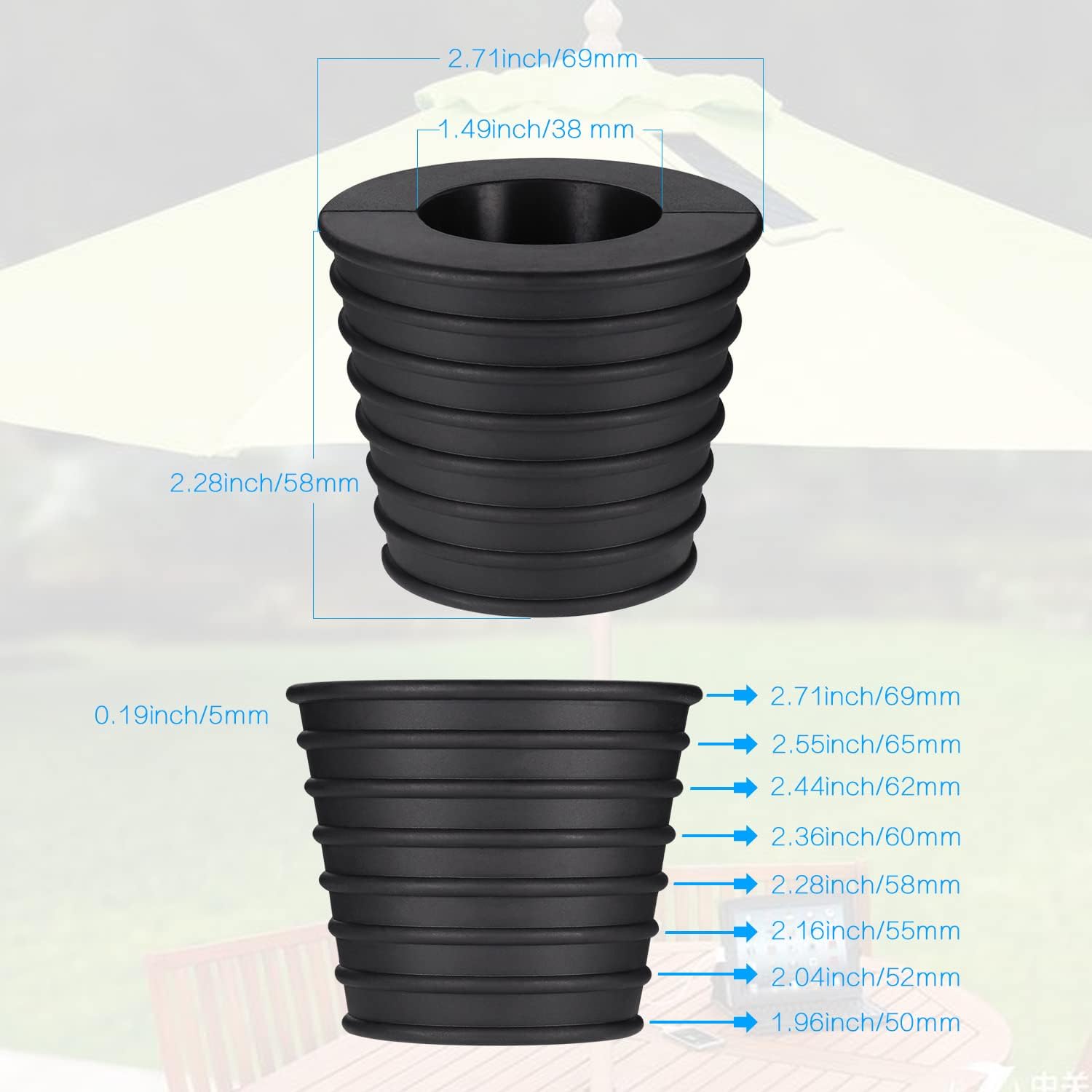 Cône de Parapluie Support de Base, pour Ouverture et Stabilité du Trou de Table Patio ou Support de Base pour Parasol, Pied de Parasol, 1.5