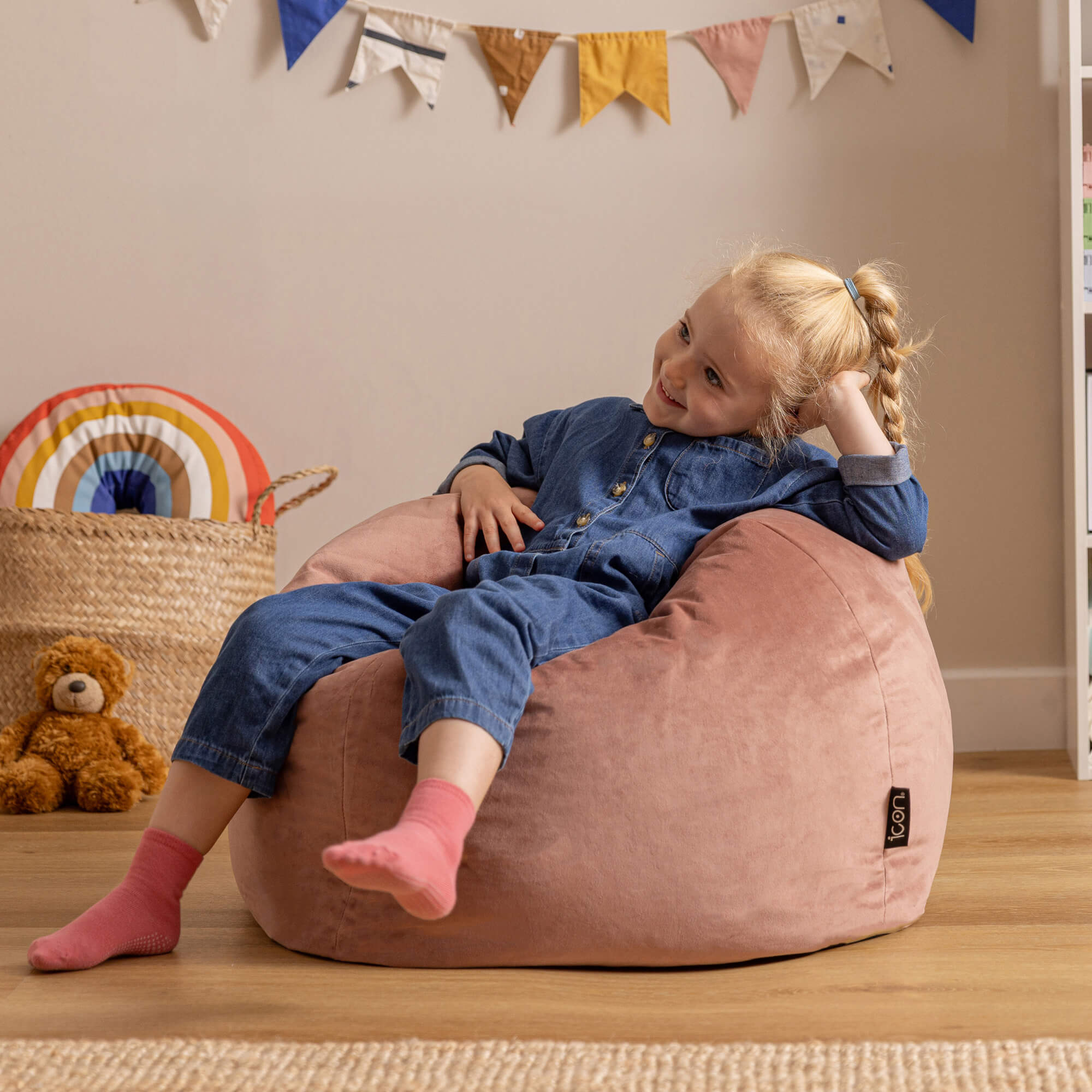Pouf fauteuil Icon enfant velours rose, chambre, salon, 55x53cm - 2