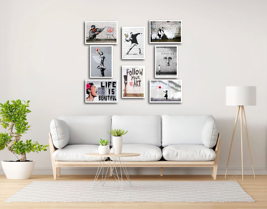 Ensemble de 8 tableaux, décoration de salon moderne, chambres, chambre, Banksy, (29 x 20 cm chaque tableau) - 2