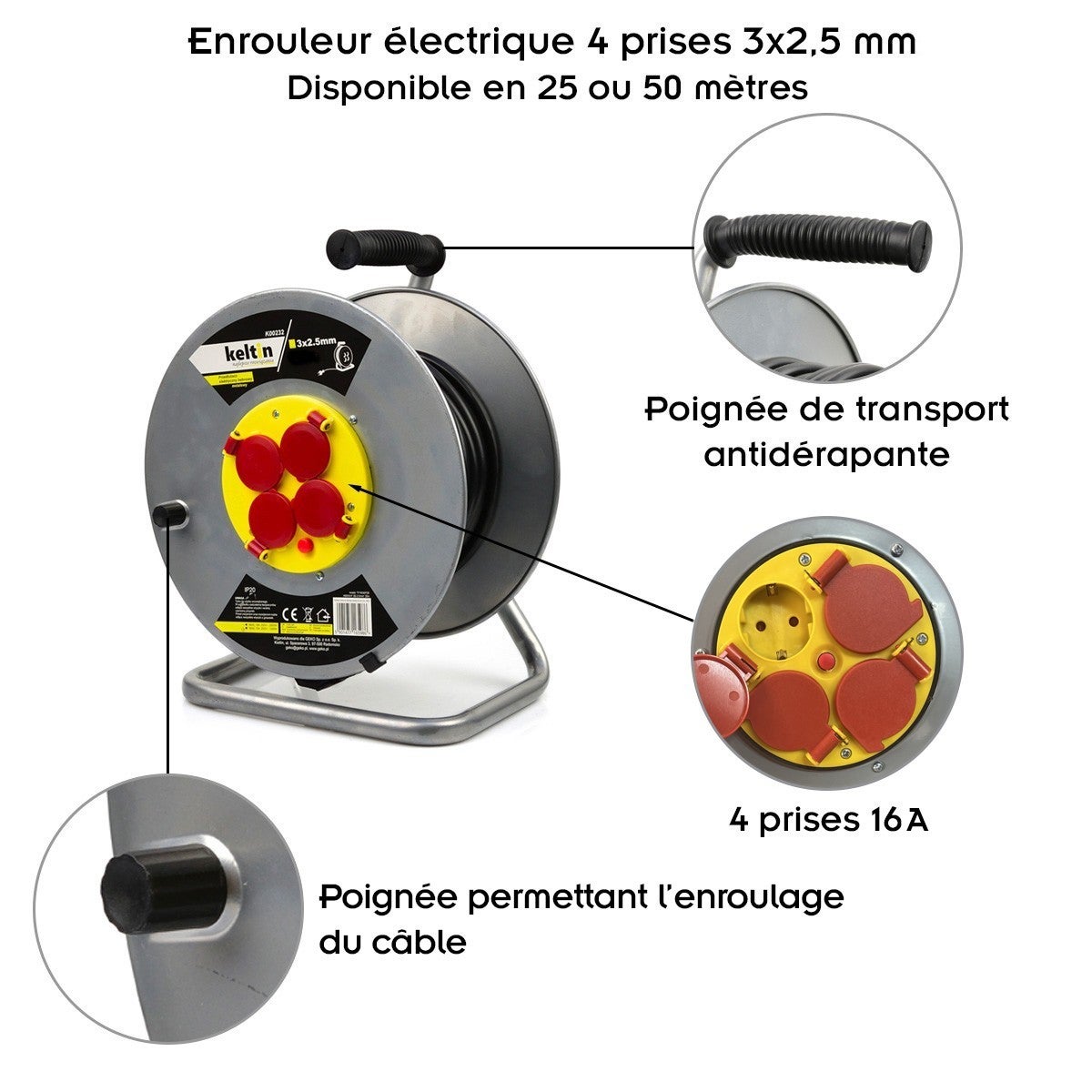 Enrouleur électrique 4 prises 16 A - IP20 - câble H05VV-F 3G 2,5 mm² 25 m - 2