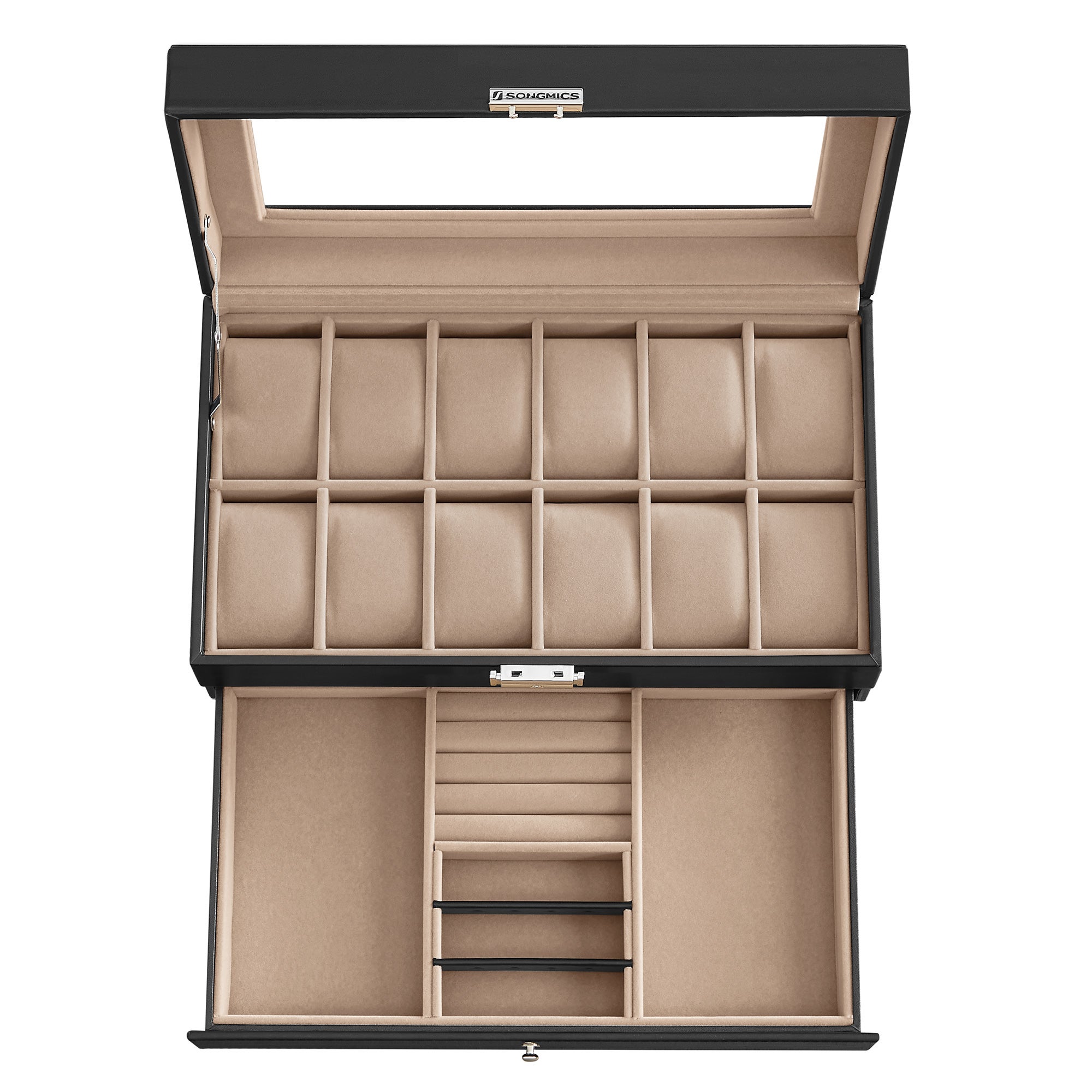 Porta Orologi SONGMICS 2 Livelli Con 12 Posti, Vetro, Cassetto - Marrone, Ideale Per Collezioni E Regali - Foto 4