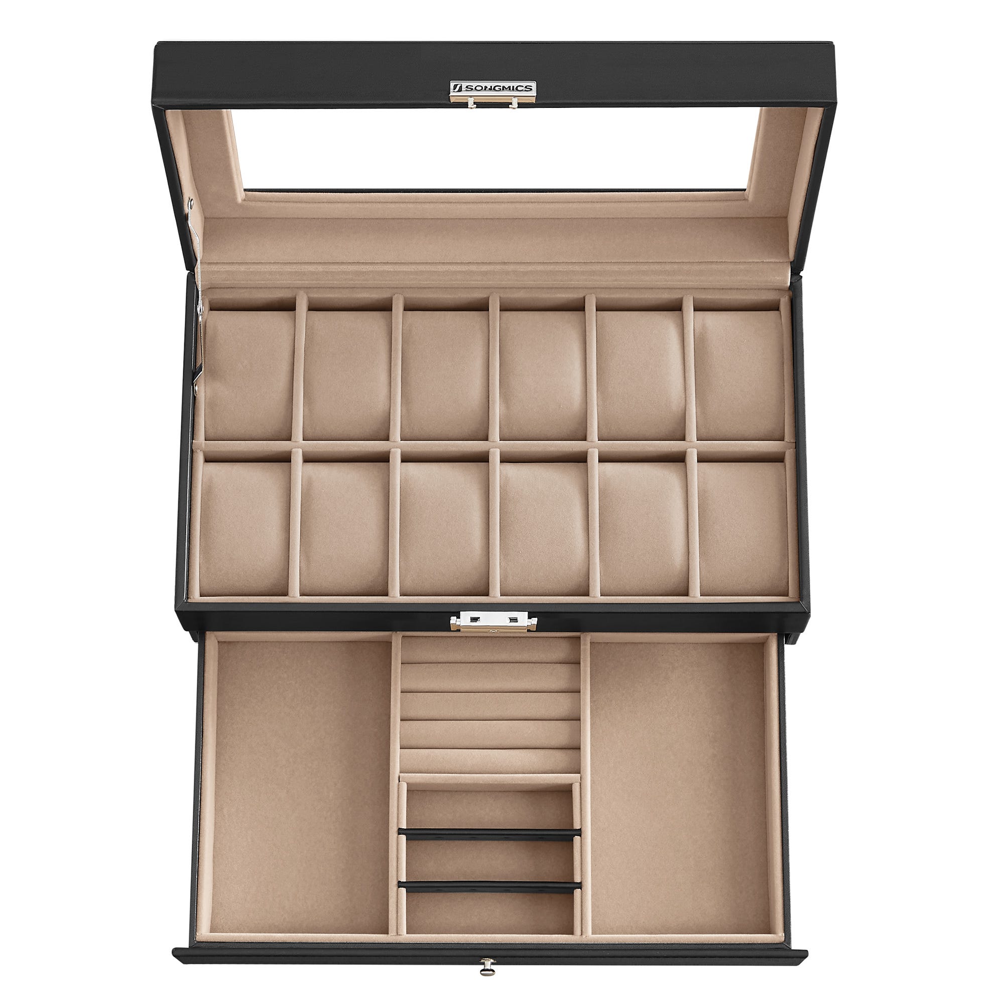 Porta Orologi SONGMICS 2 Livelli Con 12 Posti, Vetro, Cassetto - Marrone, Ideale Per Collezioni E Regali - Foto 4