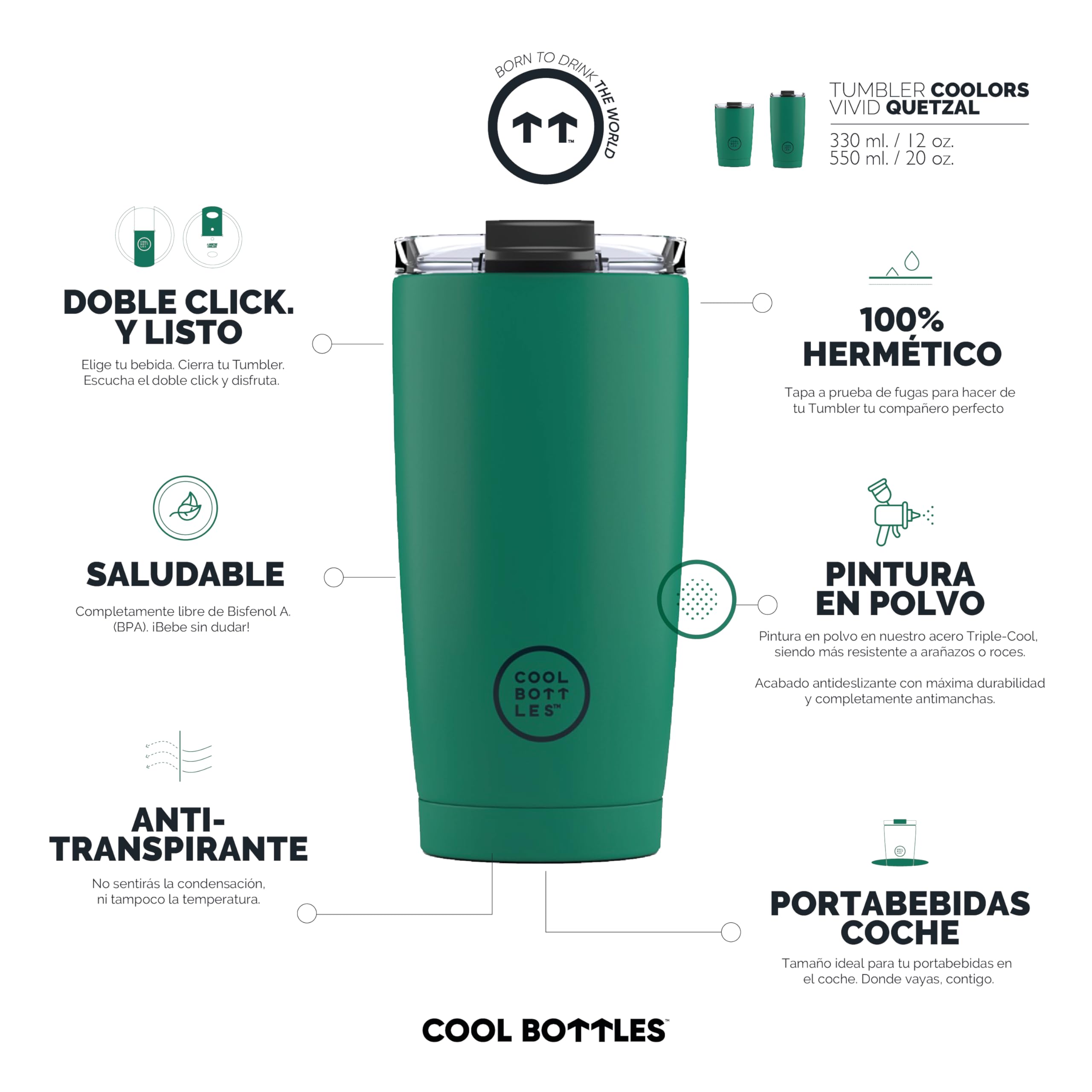 Cool Bottles - Tumbler - Bicchiere Termico in Acciaio Inossidabile - 550 ml - Vivid Quetzal - Tazza da Caffè - Coperchio Ermetico - Bevande Fredde 10 - 3