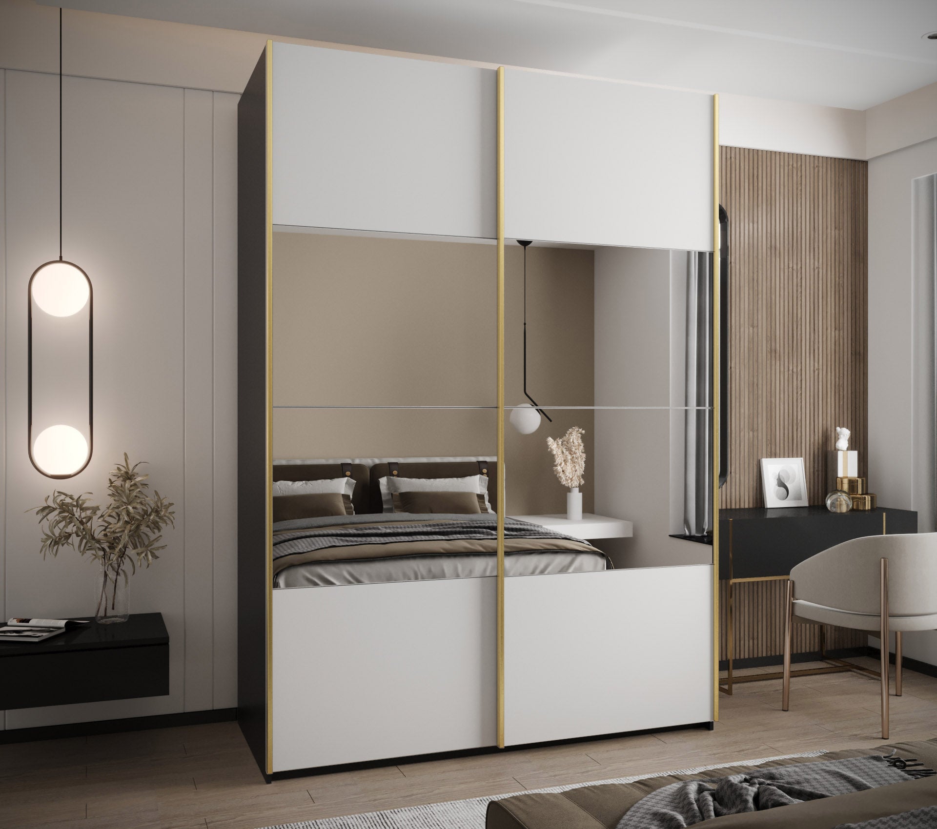 Szafa przesuwna wysoka Lux 4 180 x 64 x 245,5 cm czarny + biały + u. złoty - Abiks Meble - 2