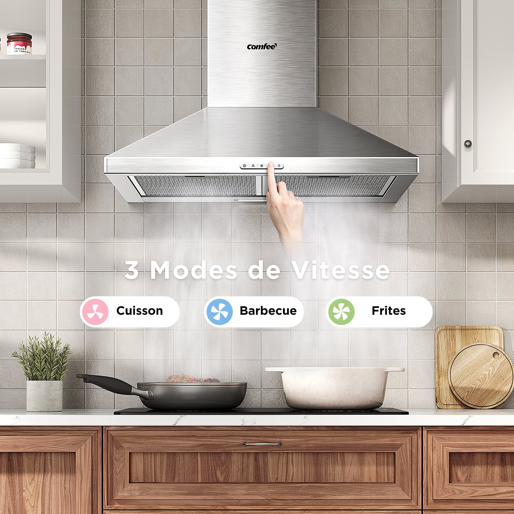 COMFEE Hotte Aspirante 60cm - 400 m³/h - Classe A++ - 2 Filtres à Charbon - 3 Vitesses - Recyclage & Évacuation - En Inox - 6