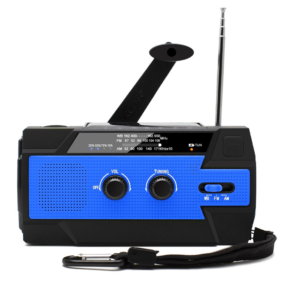 Przenośne radio z korbką zasilane energią słoneczną, ładowalne, AM/FM/WB, wbudowany akumulator 4000 mAh, latarka, alarm SOS, niebieskie