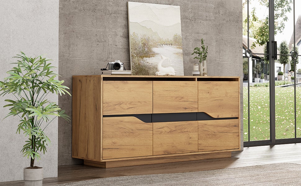 Buffet avec 3 portes, commode - 140 x 40 x 76 cm - Etagères réglables - Panneau de particules - Chêne - 4