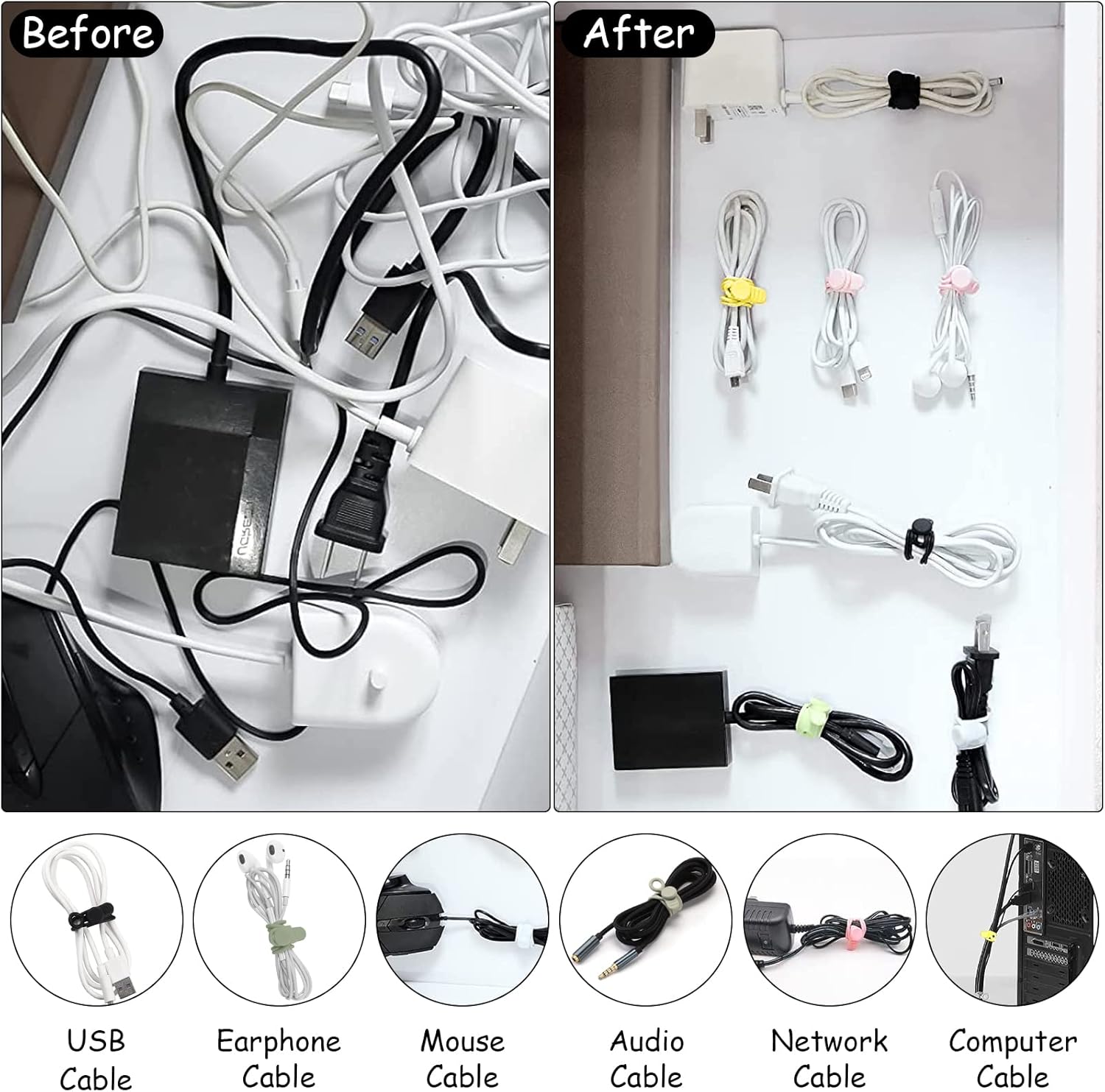 18 Pièces Attache Cable Silicone Cable Tie Réutilisable, Collier De Serrage, Serre Câbles Silicone, Attaches Torsadées, Attache Cordon, Sangle Organis - 5